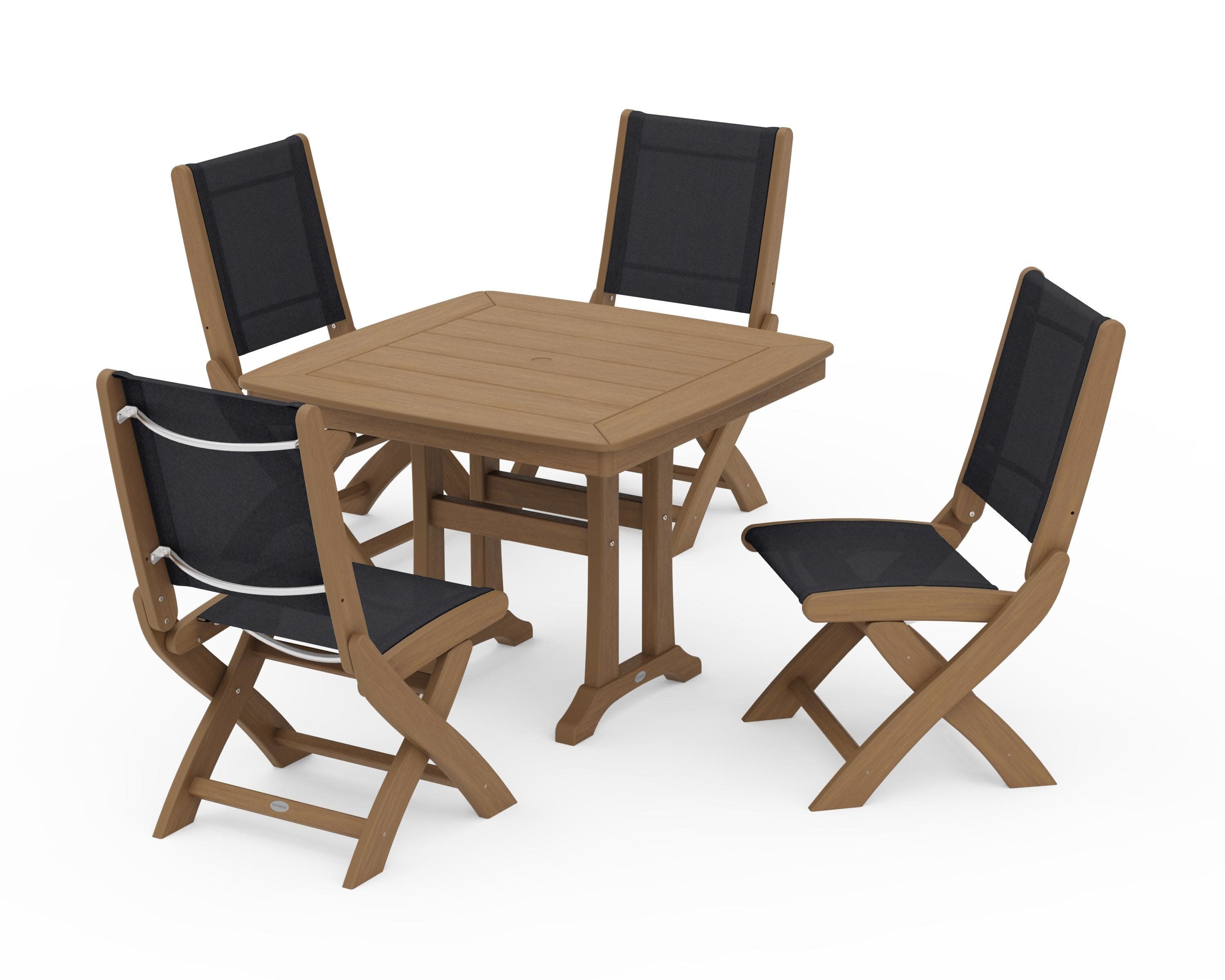Coastal Folding Side Chair 5-Piece Dining Set with Trestle Legs in Natural / Black Sling