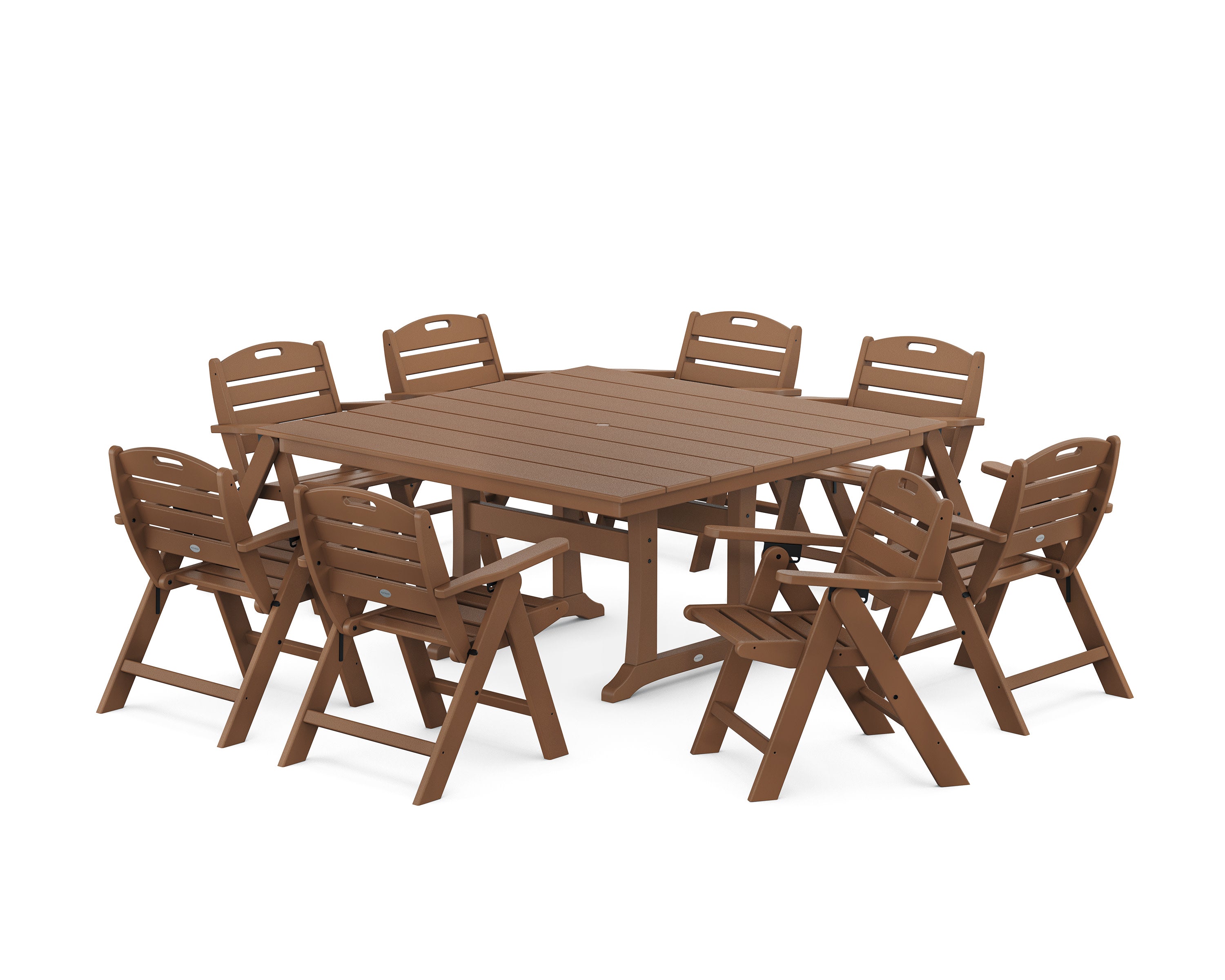 Nautical Lowback 9-Piece Square Farmhouse Dining Set with Trestle Legs in Teak