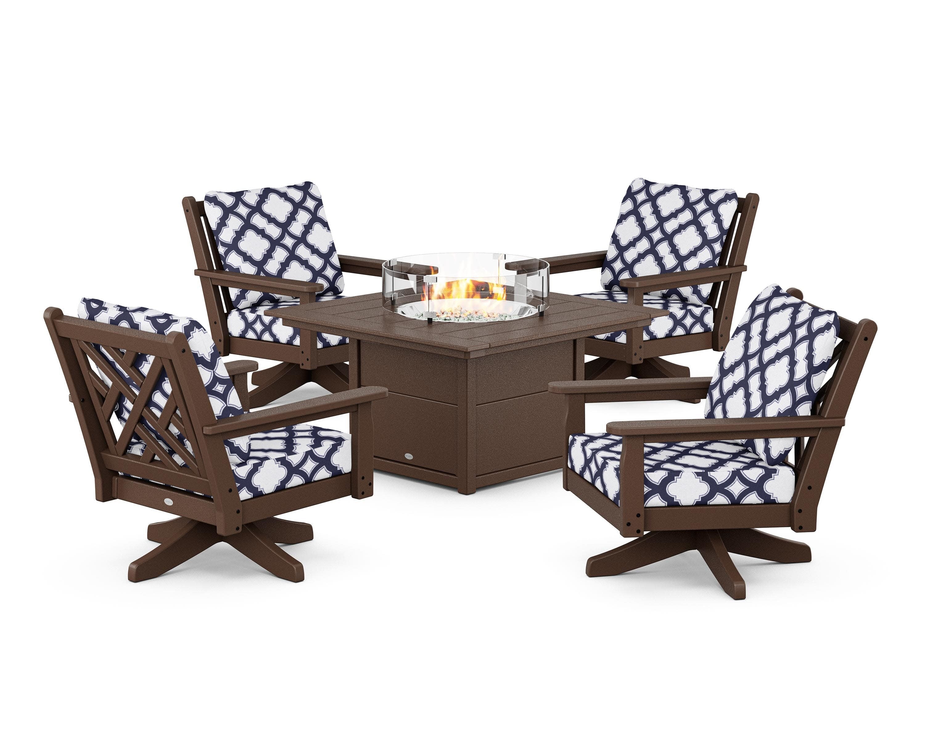 Chippendale 5-Piece Deep Seating Swivel Conversation Set with Fire Pit Table in Mahogany / Trellis Navy