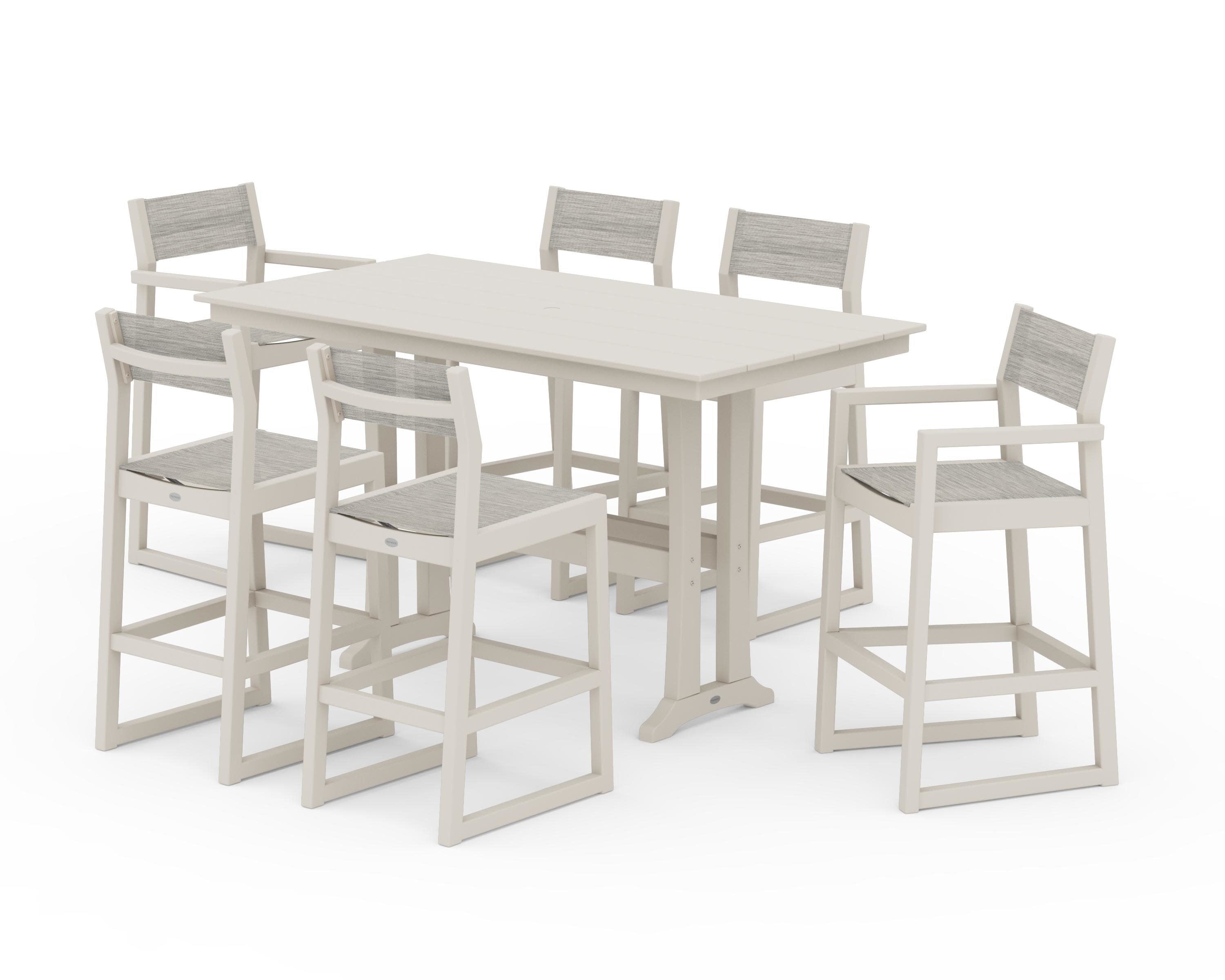 EDGE Sling 7-Piece Farmhouse Bar Set with Trestle Legs in Sand / Birch Sling