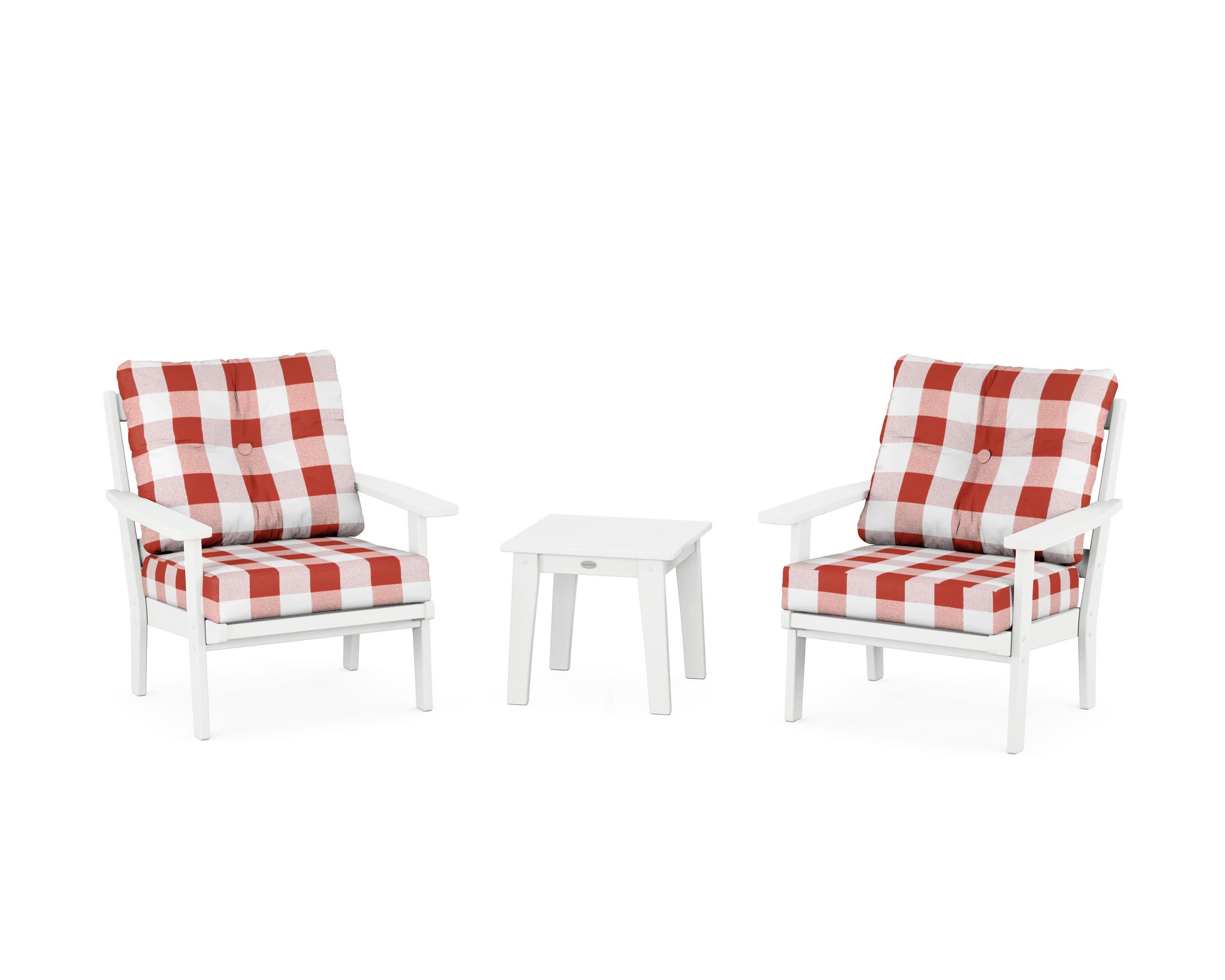 Oxford 3-Piece Deep Seating Set in White / Buffalo Plaid Crimson