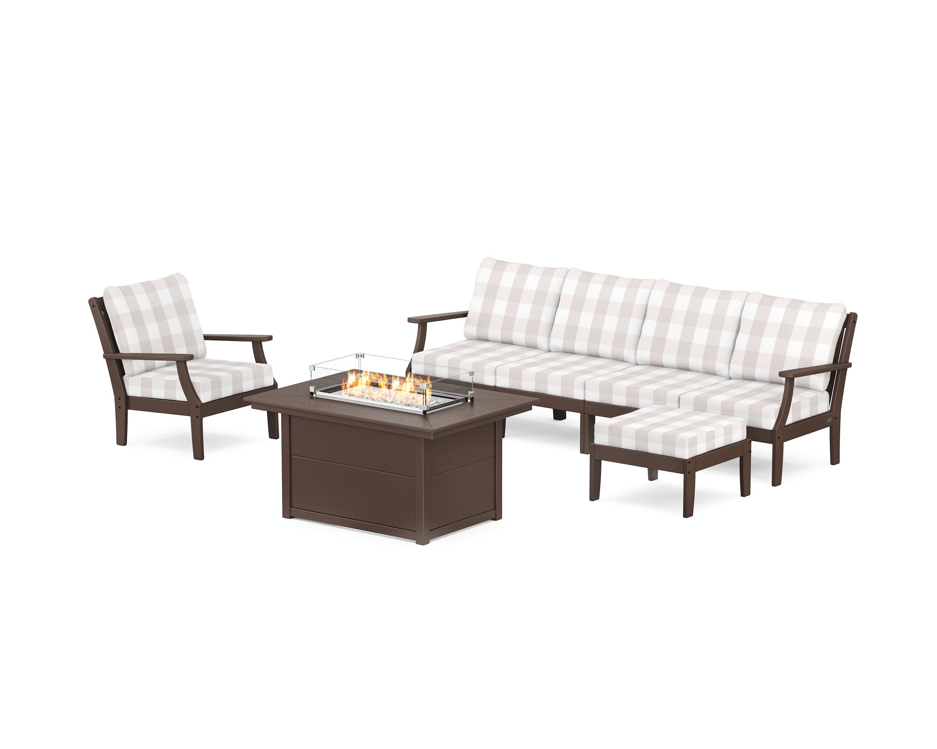 Braxton Sectional Lounge and Fire Pit Set in Mahogany / Buffalo Plaid Dune Burlap