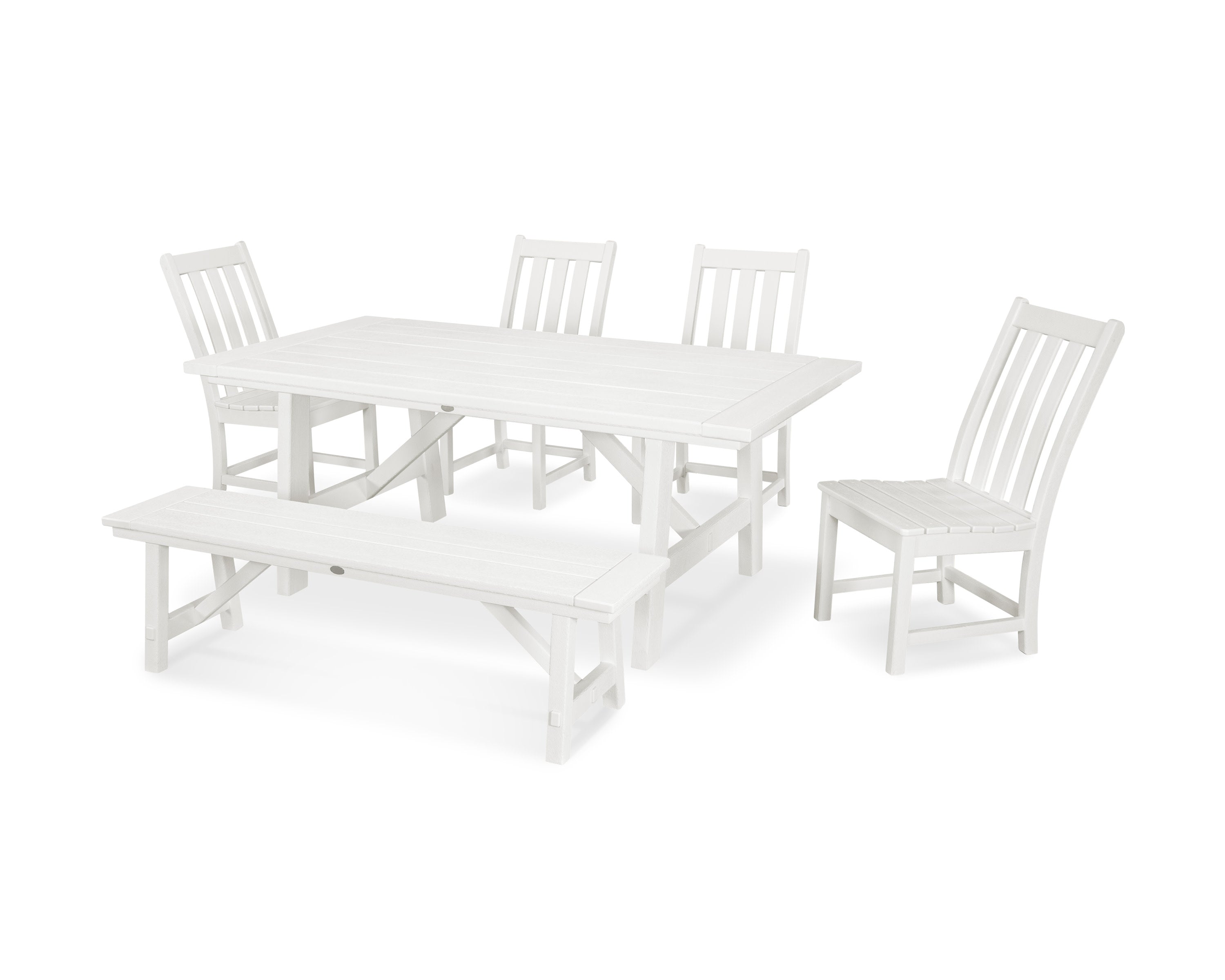 Vineyard 6-Piece Rustic Farmhouse Side Chair Dining Set with Bench in Vintage White