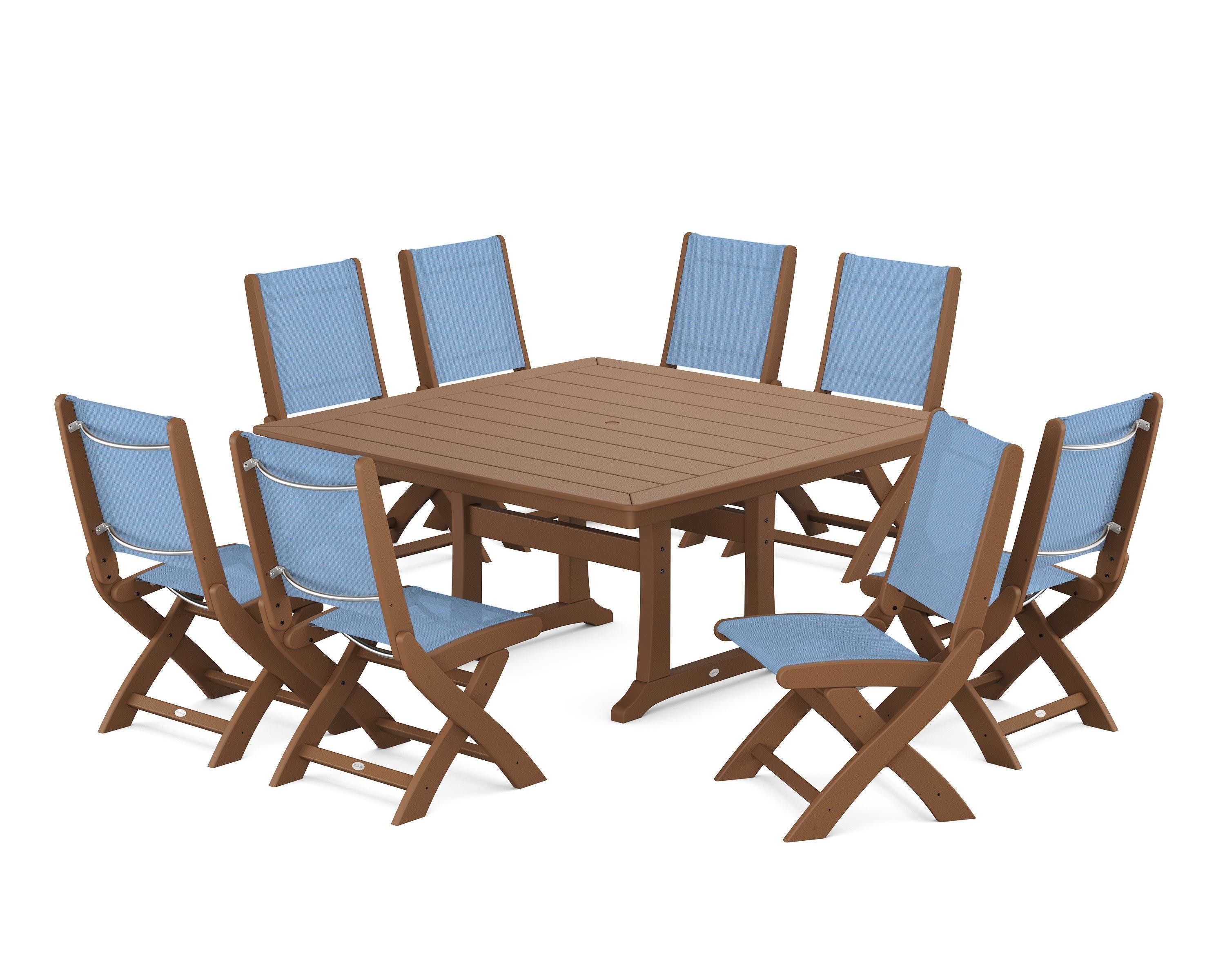 Coastal Folding Side Chair 9-Piece Dining Set with Trestle Legs in Teak / Poolside Sling