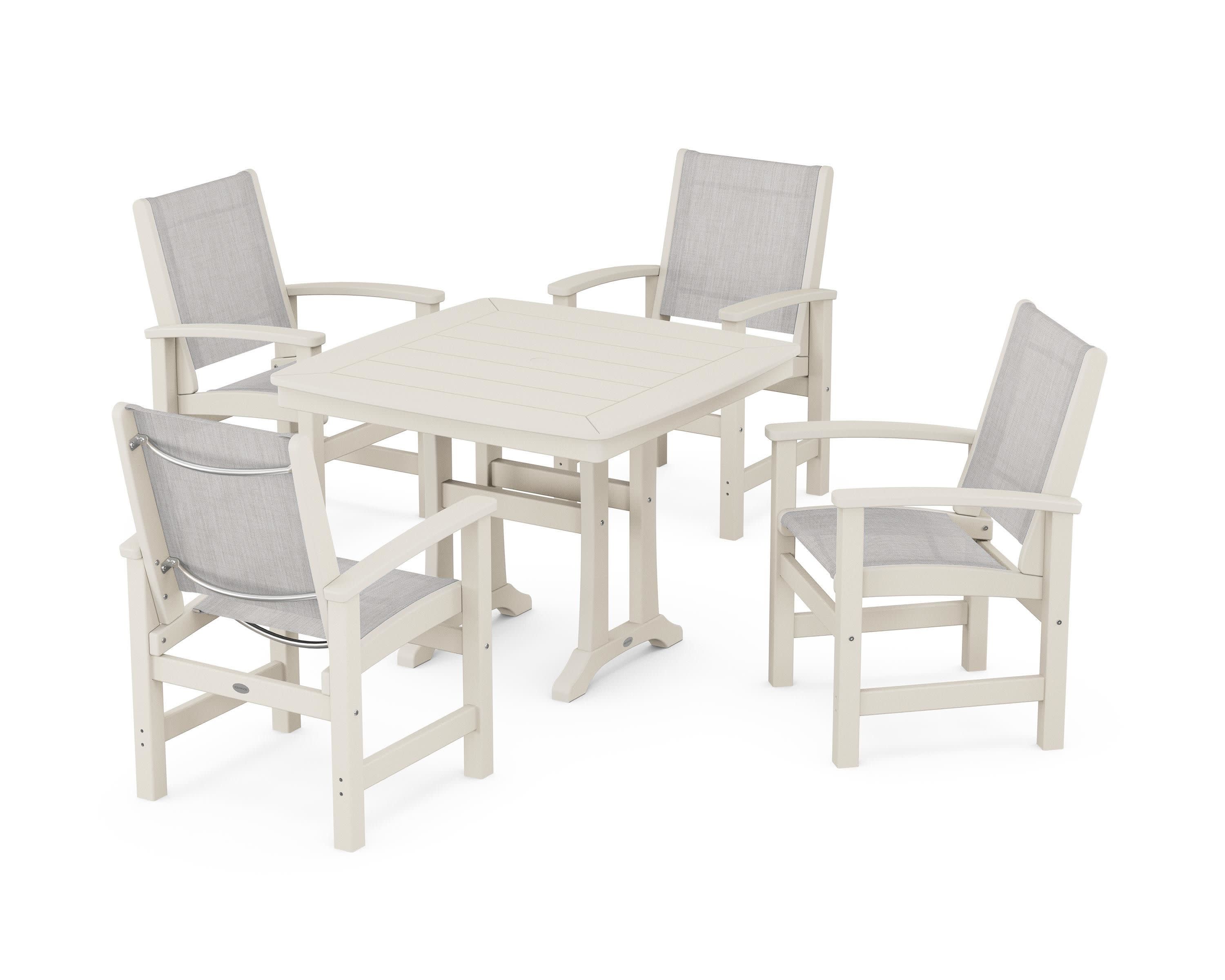 Coastal 5-Piece Dining Set with Trestle Legs in Sand / Parchment Sling