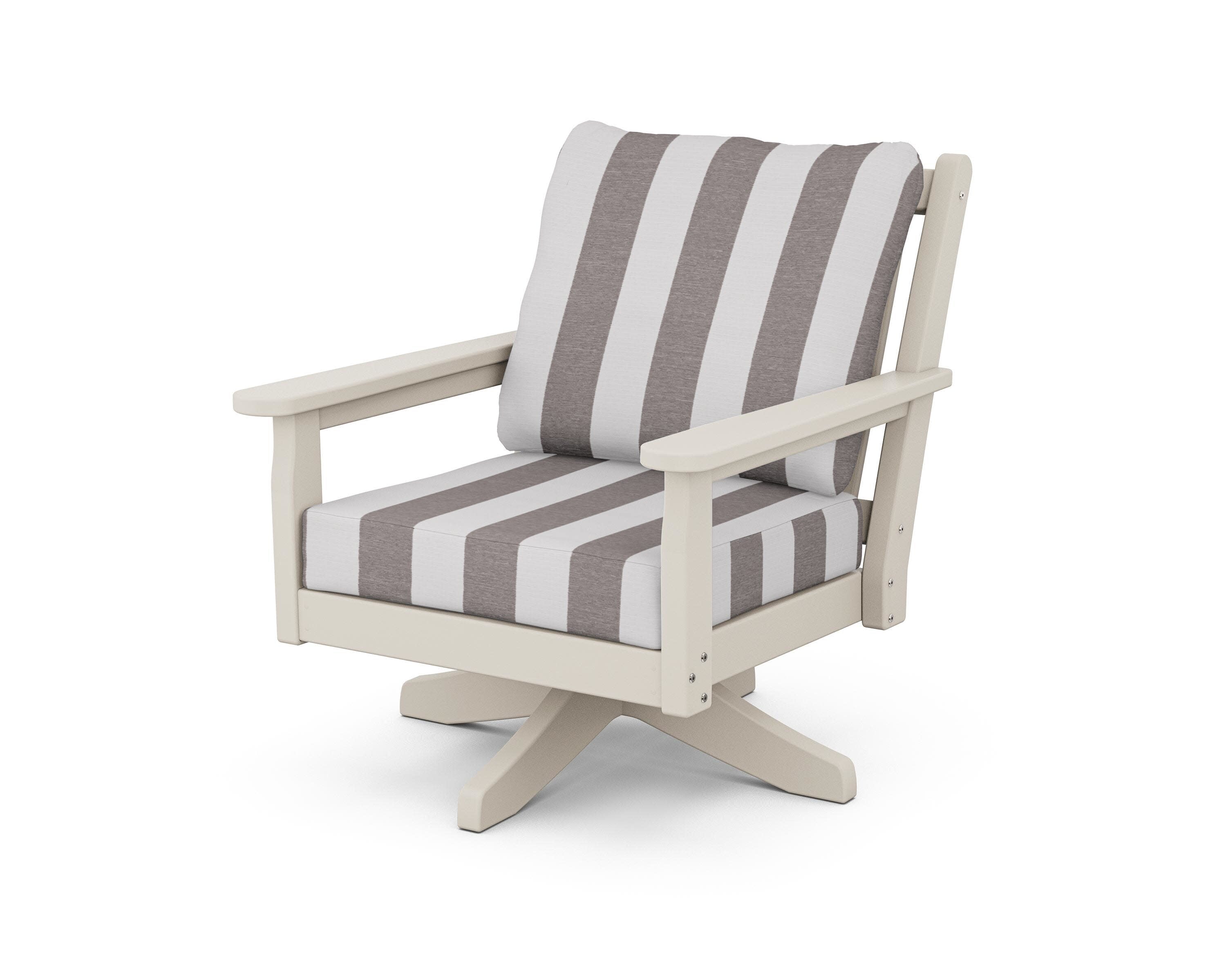 Chippendale Deep Seating Swivel Chair in Sand / Cabana Stripe Grey Mist