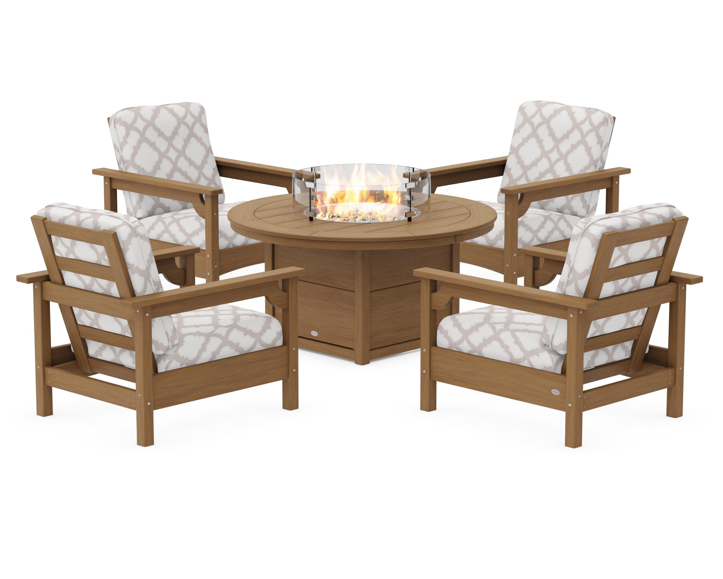 Club 5-Piece Conversation Set with Fire Pit Table in Natural / Trellis Dune Burlap