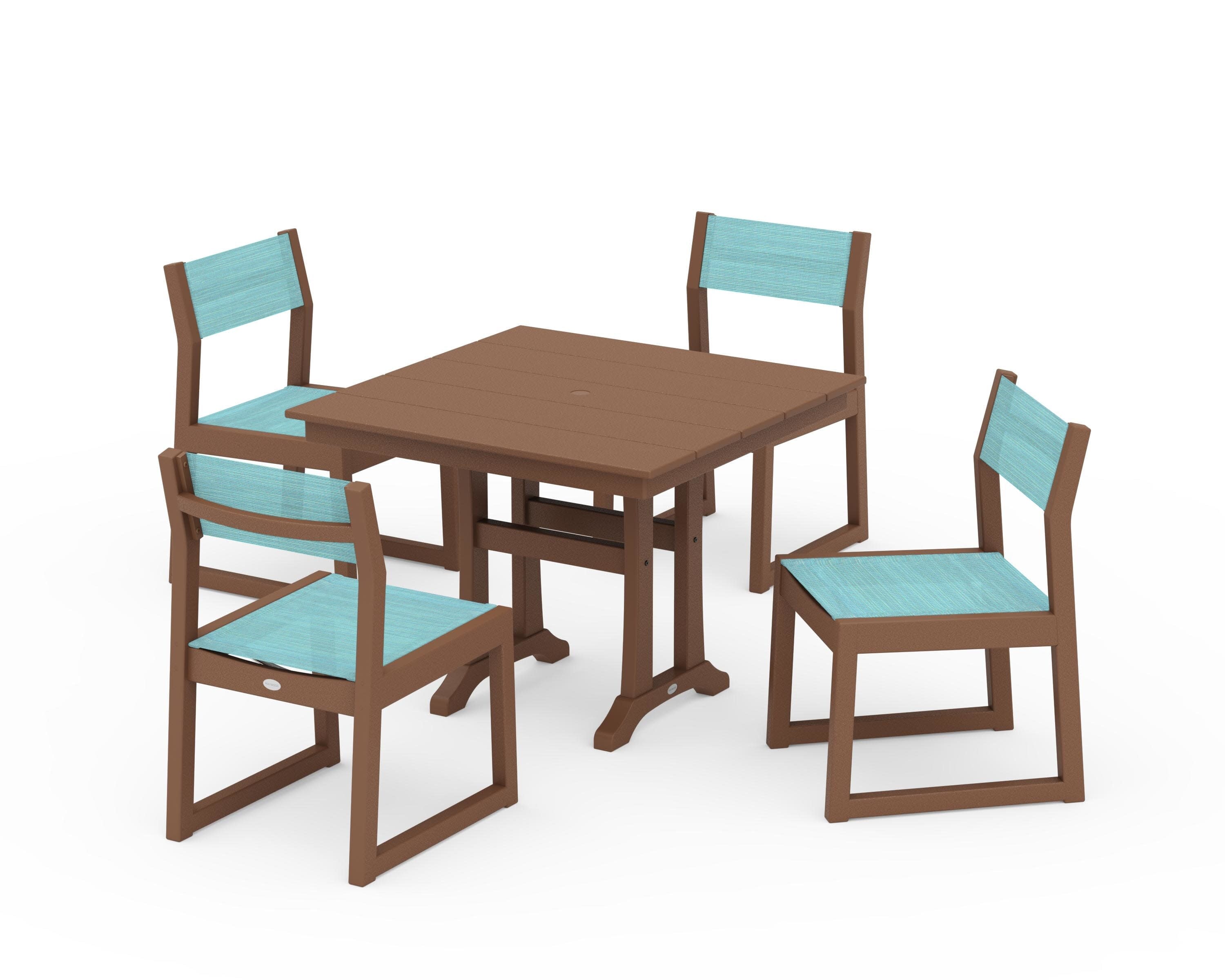 EDGE Sling 5-Piece Farmhouse Trestle Side Chair Dining Set in Teak / Dupioni Aquamarine Sling