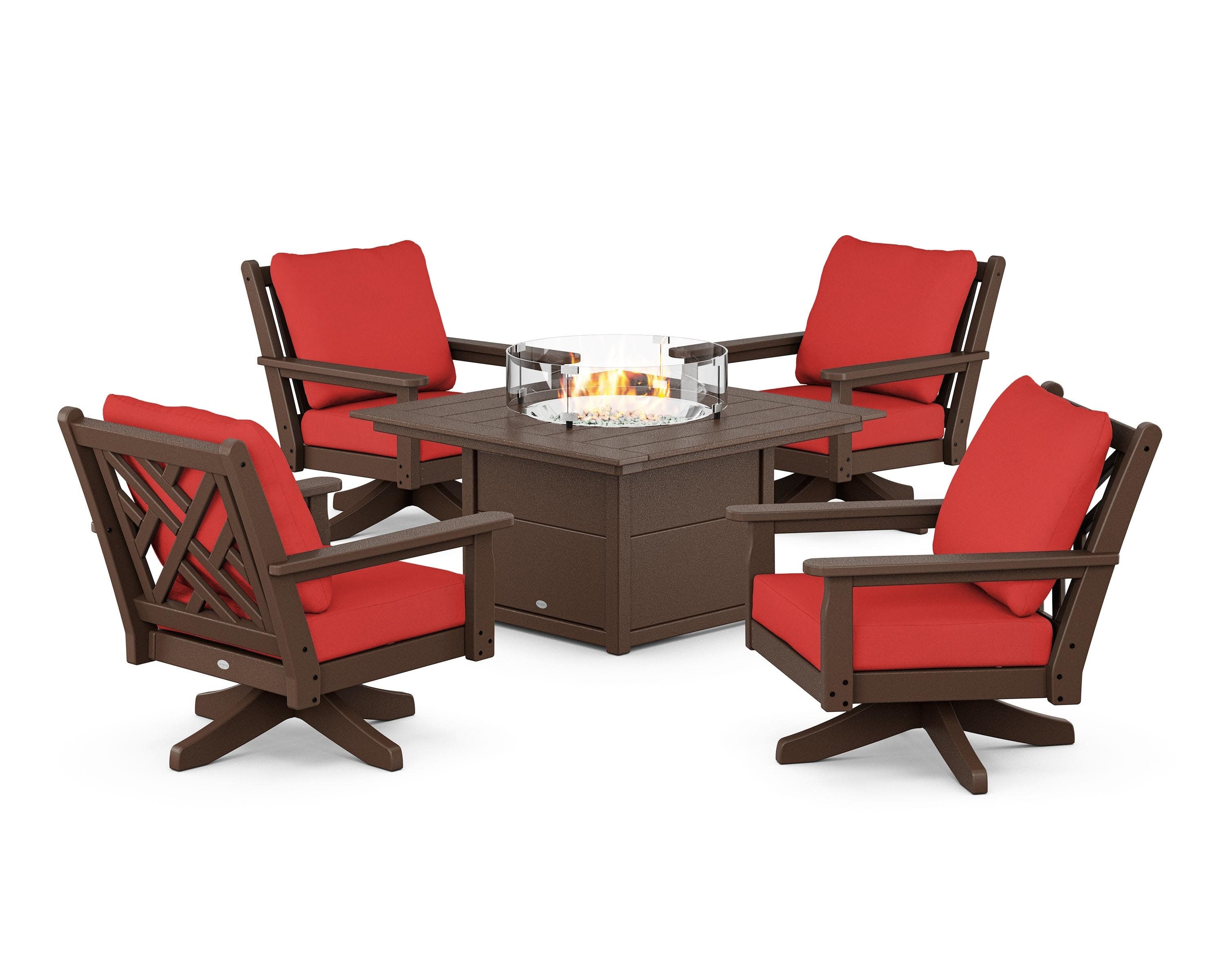 Chippendale 5-Piece Deep Seating Swivel Conversation Set with Fire Pit Table in Mahogany / Crimson Linen