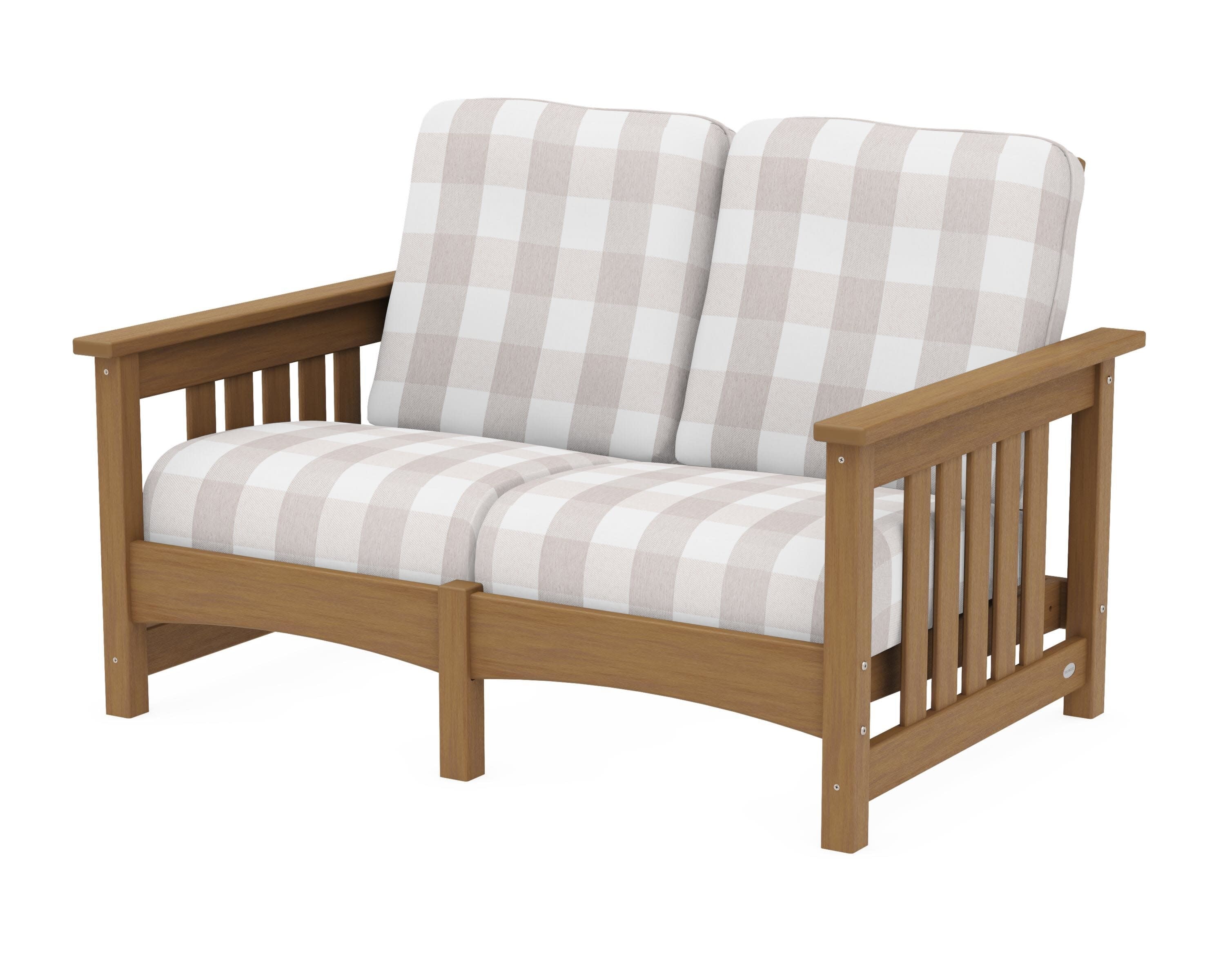 Club Mission Loveseat in Natural / Buffalo Plaid Dune Burlap
