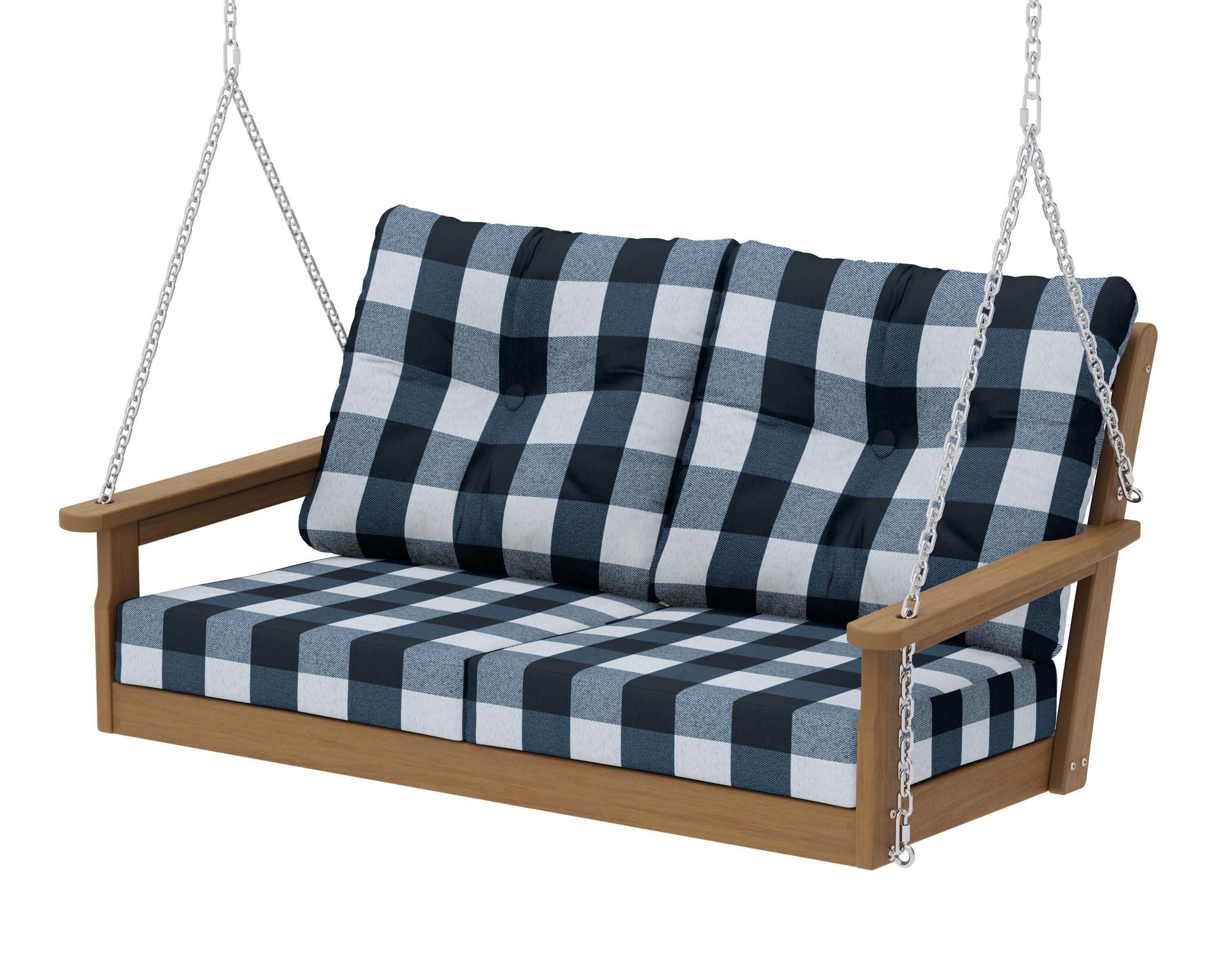 Vineyard Deep Seating Swing in Natural / Buffalo Plaid Marine Indigo