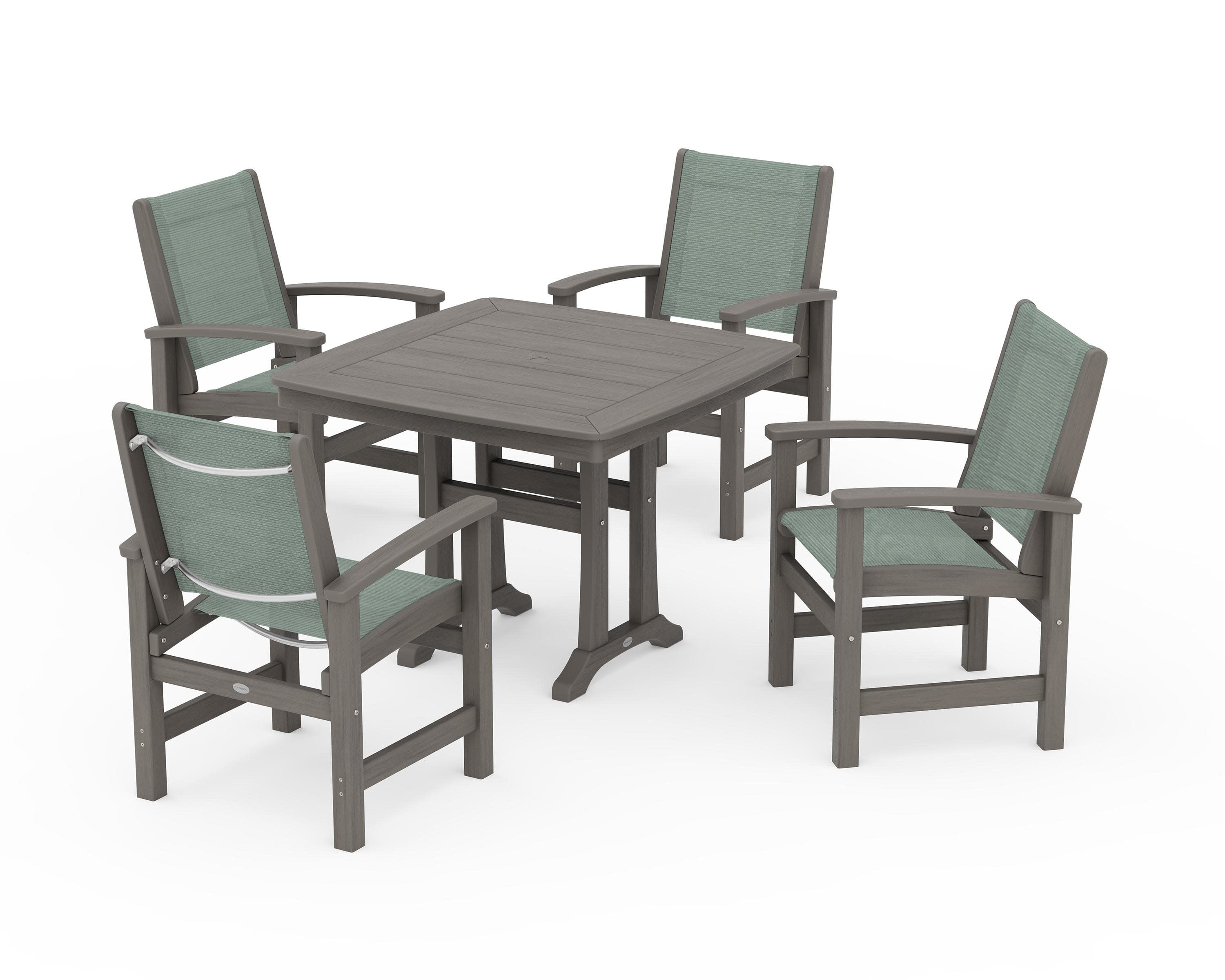 Coastal 5-Piece Dining Set with Trestle Legs in Driftwood / Dupioni Sea Mist Sling