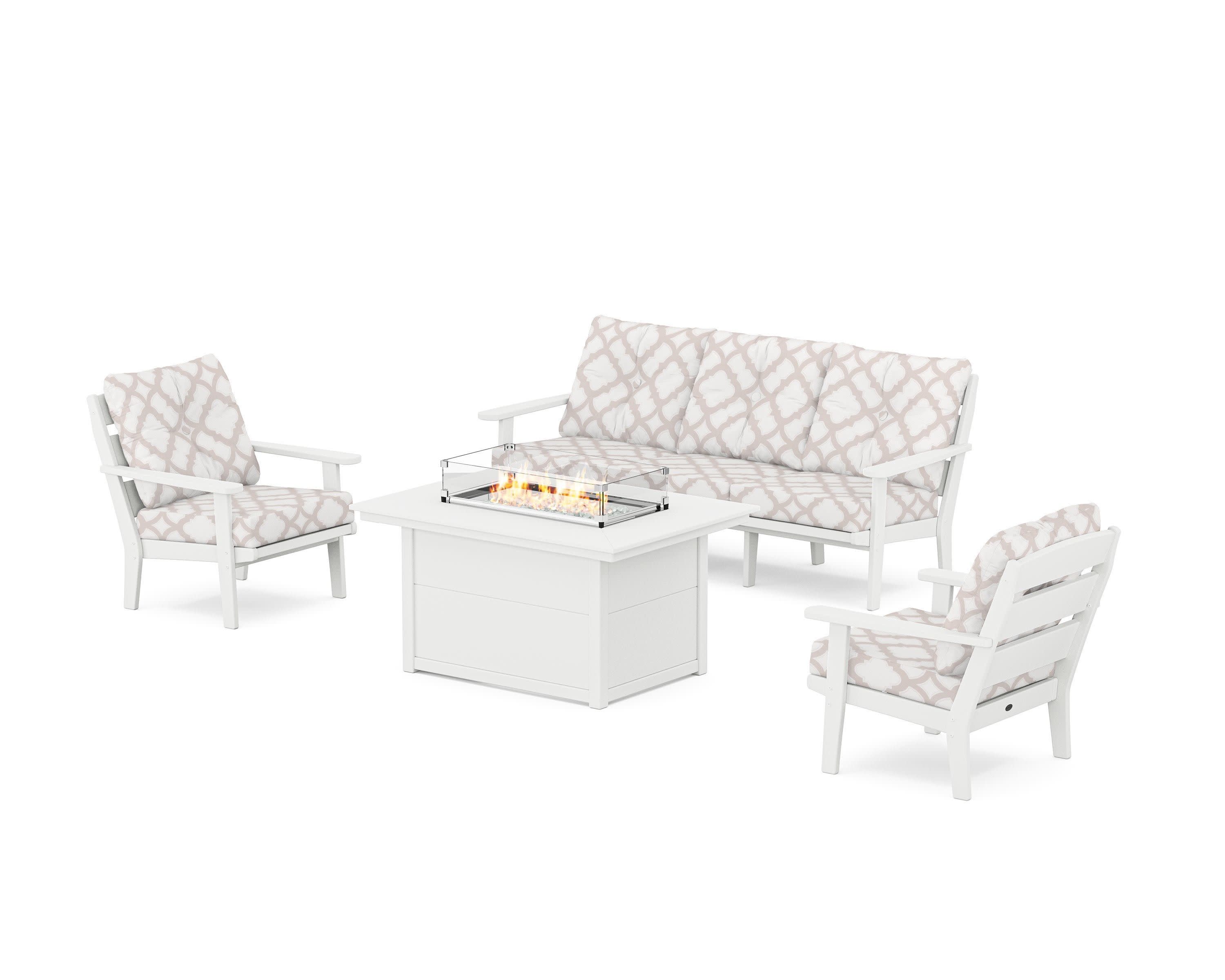Lakeside Deep Seating Fire Pit Table Set in White / Trellis Dune Burlap