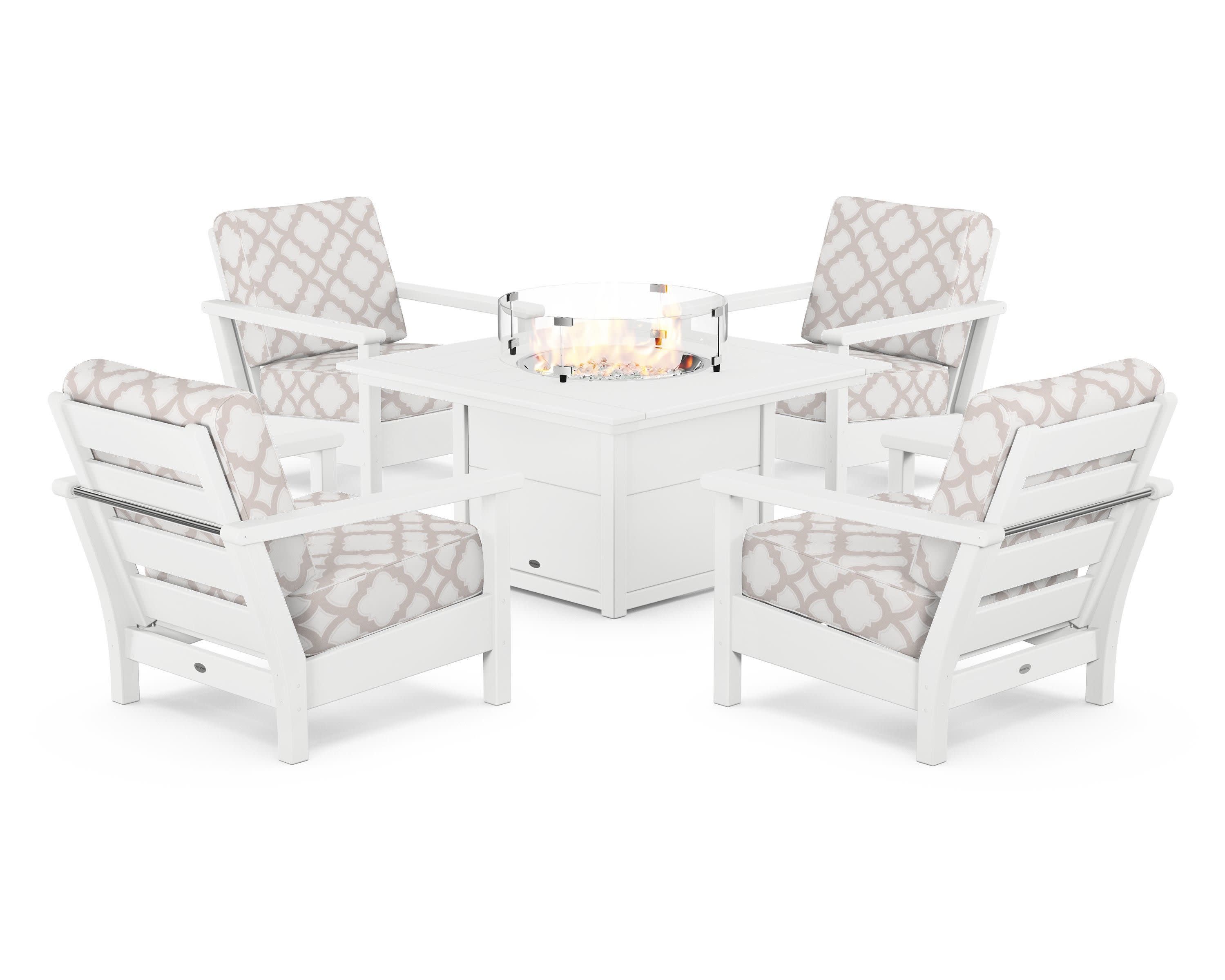 Harbour 5-Piece Conversation Set with Fire Pit Table in White / Trellis Dune Burlap