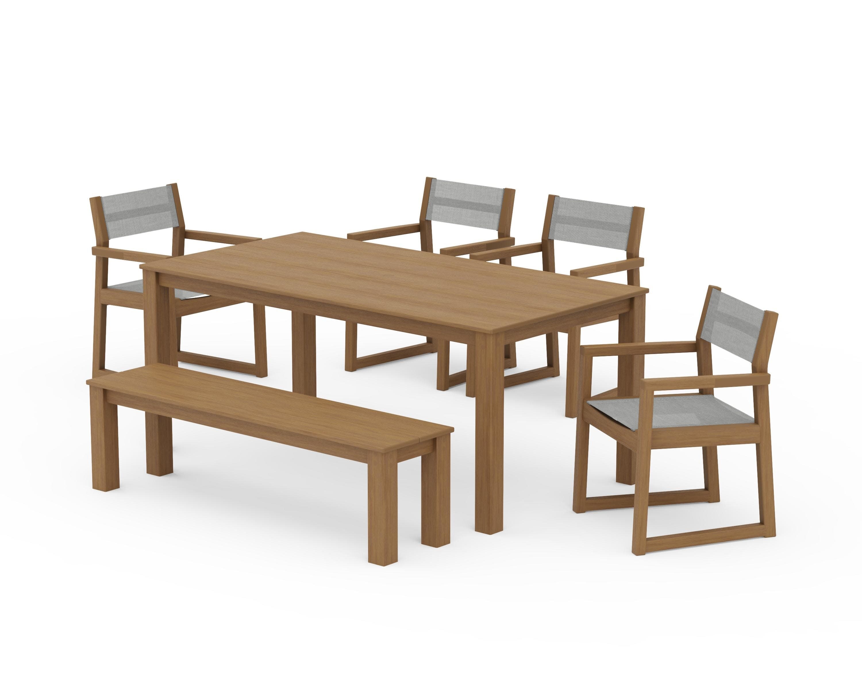 EDGE Sling Arm Chair 6-Piece Parsons Dining Set with Bench in Natural / Metallic Sling