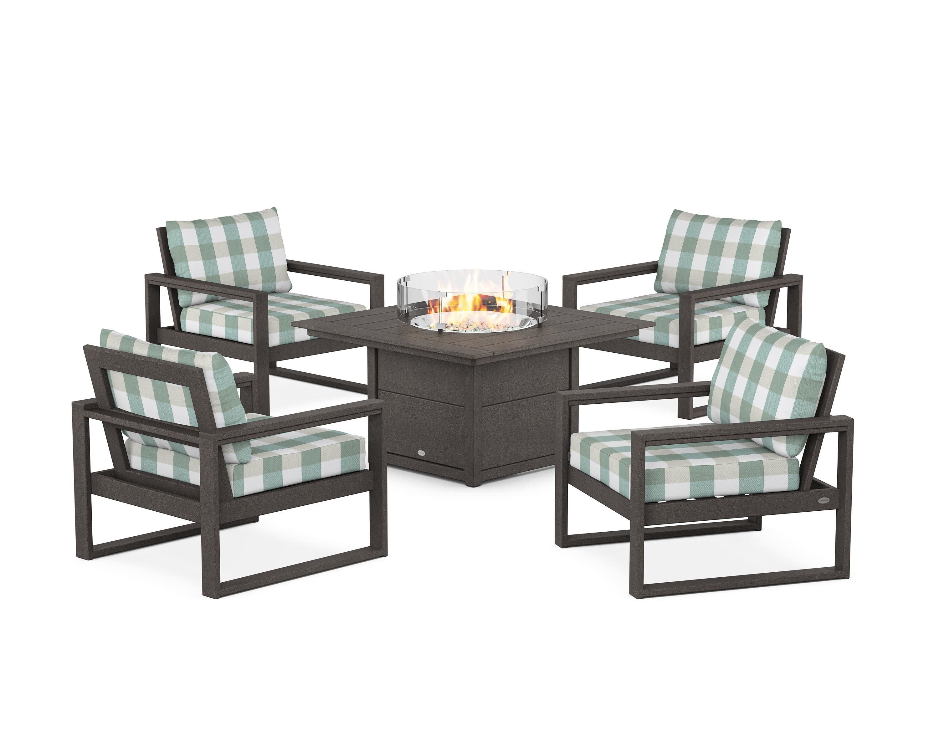 EDGE Sectional 5-Piece Deep Seating Set with Fire Pit Table in Vintage Coffee / Buffalo Plaid Glacier Spa