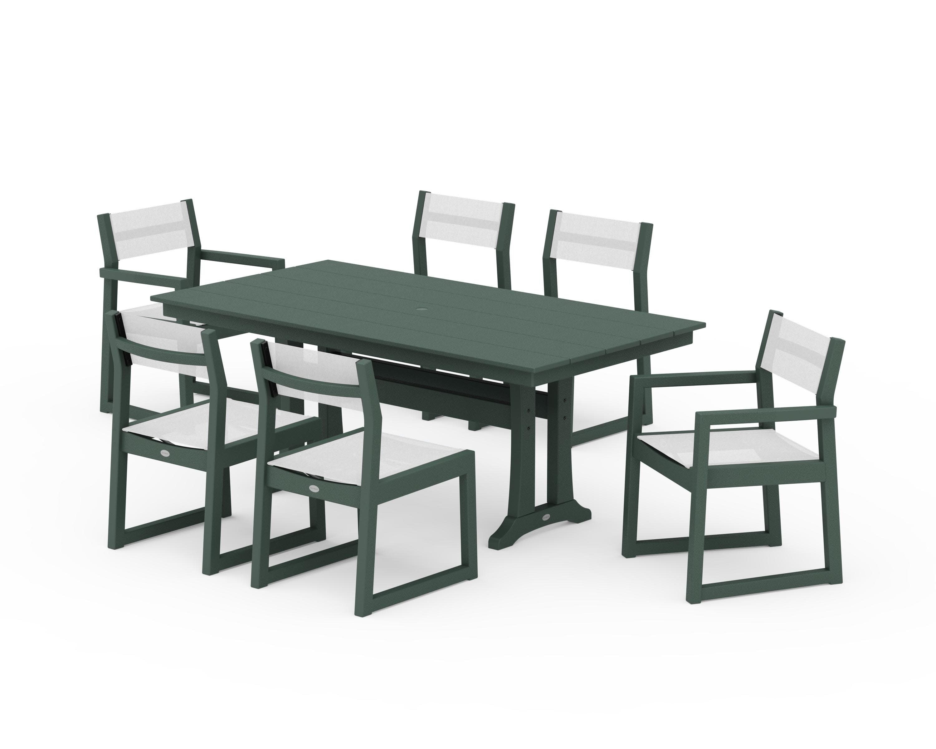 EDGE Sling 7-Piece Farmhouse Trestle Dining Set in Green / White Sling