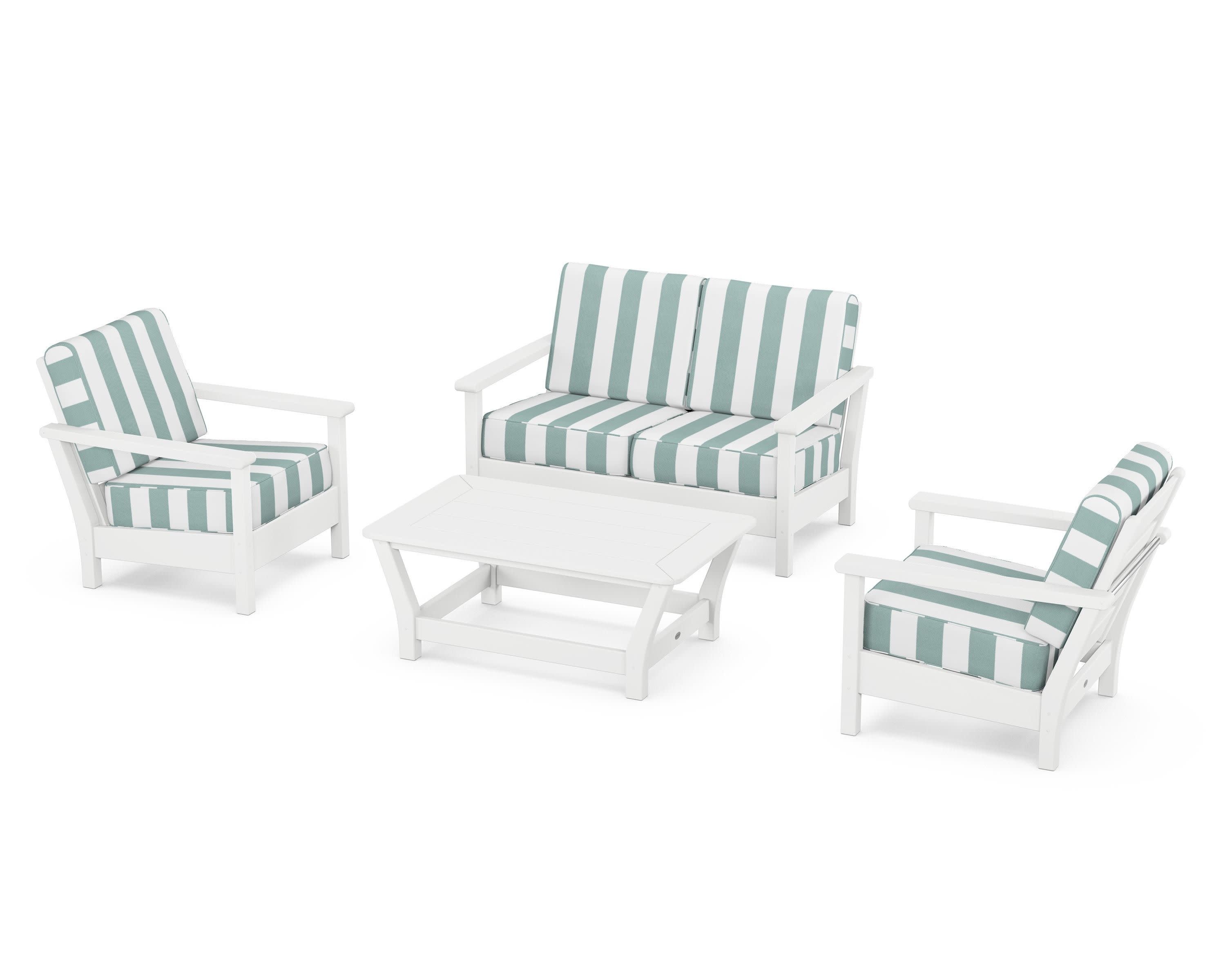 Harbour 4-Piece Deep Seating Set in White / Cabana Stripe Glacier Spa