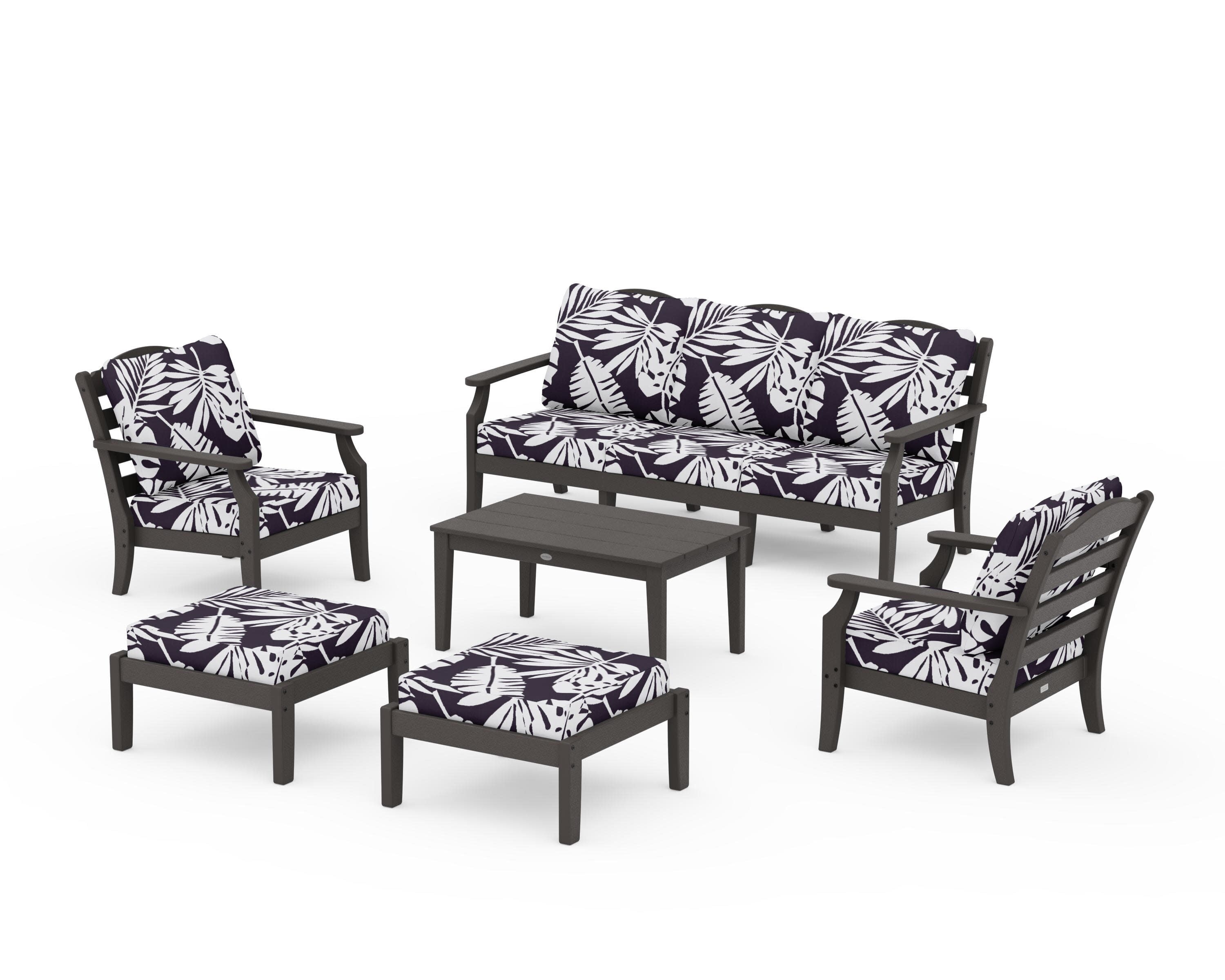 Savannah 6-Piece Lounge Sofa Set in Vintage Coffee / Leaf Navy