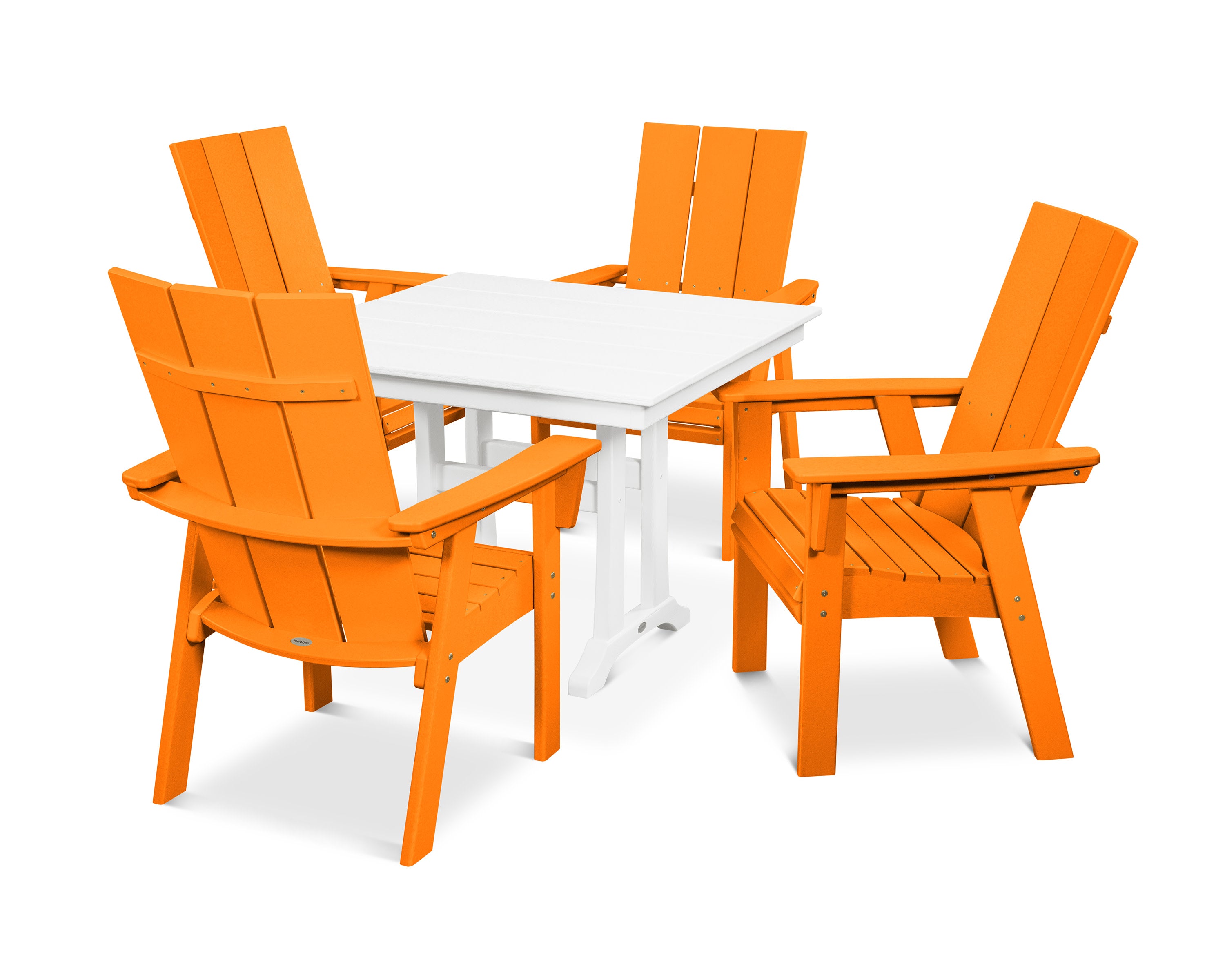 Modern Curveback Adirondack 5-Piece Farmhouse Trestle Dining Set in Tangerine / White