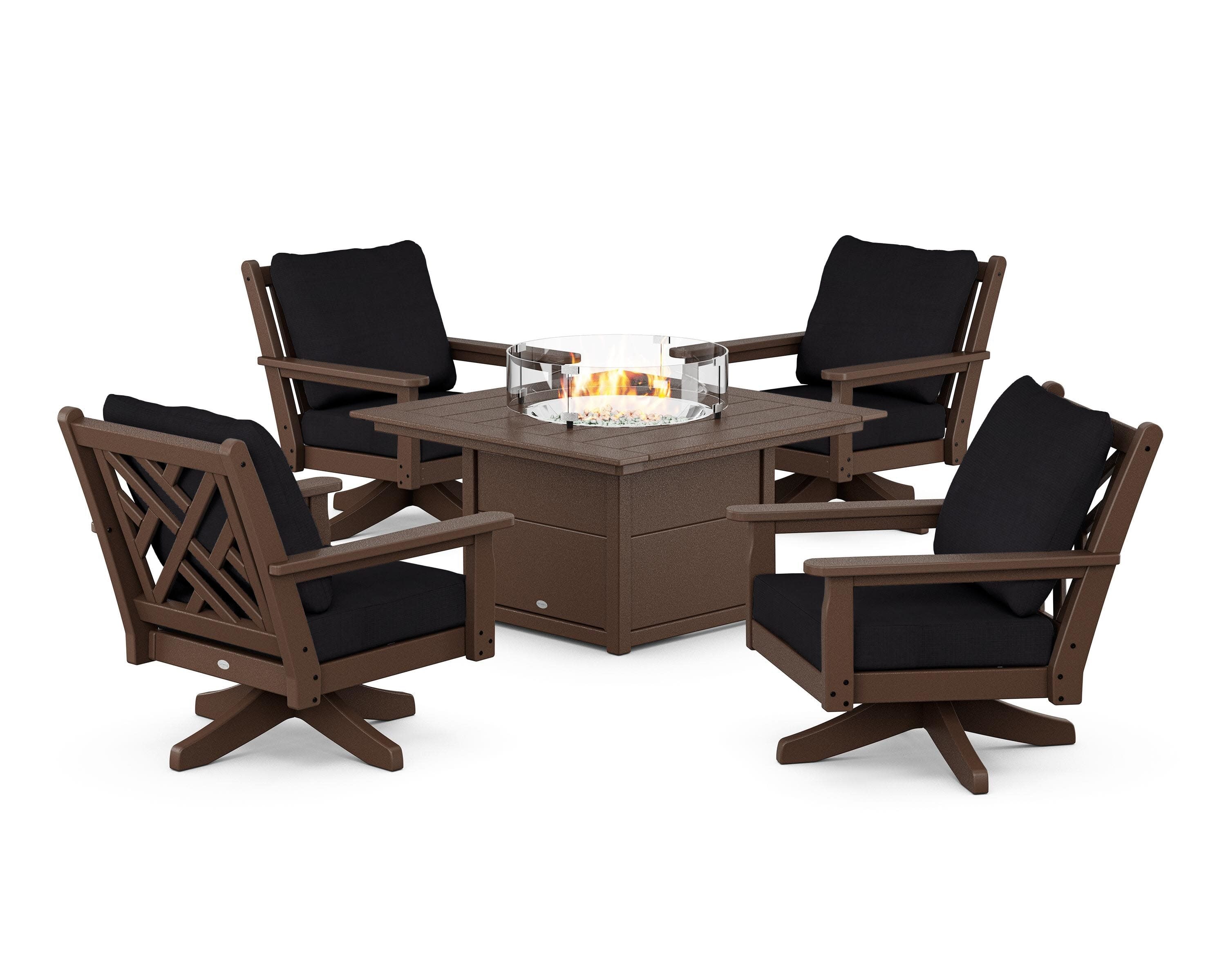 Chippendale 5-Piece Deep Seating Swivel Conversation Set with Fire Pit Table in Mahogany / Midnight Linen
