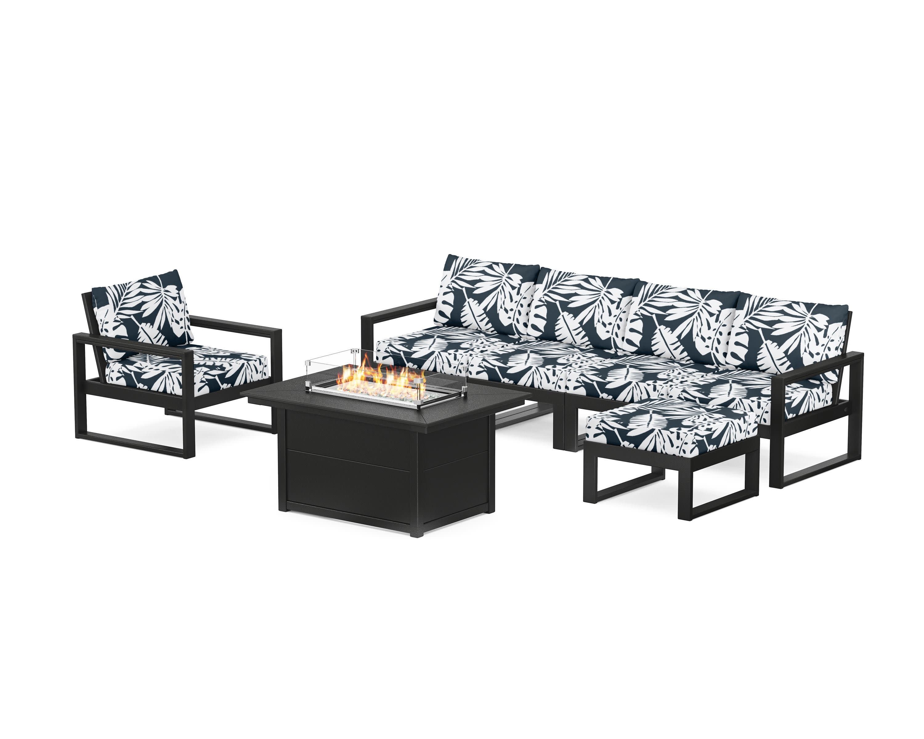 EDGE Sectional Lounge and Fire Pit Set in Black / Leaf Marine Indigo