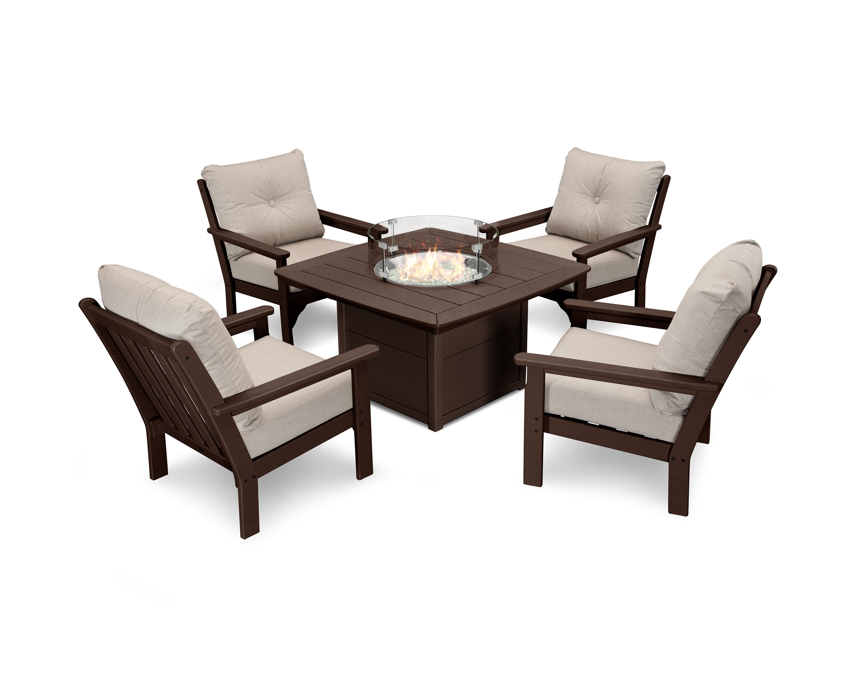 Vineyard 5-Piece Conversation Set with Fire Pit Table in Mahogany / Cast Ash