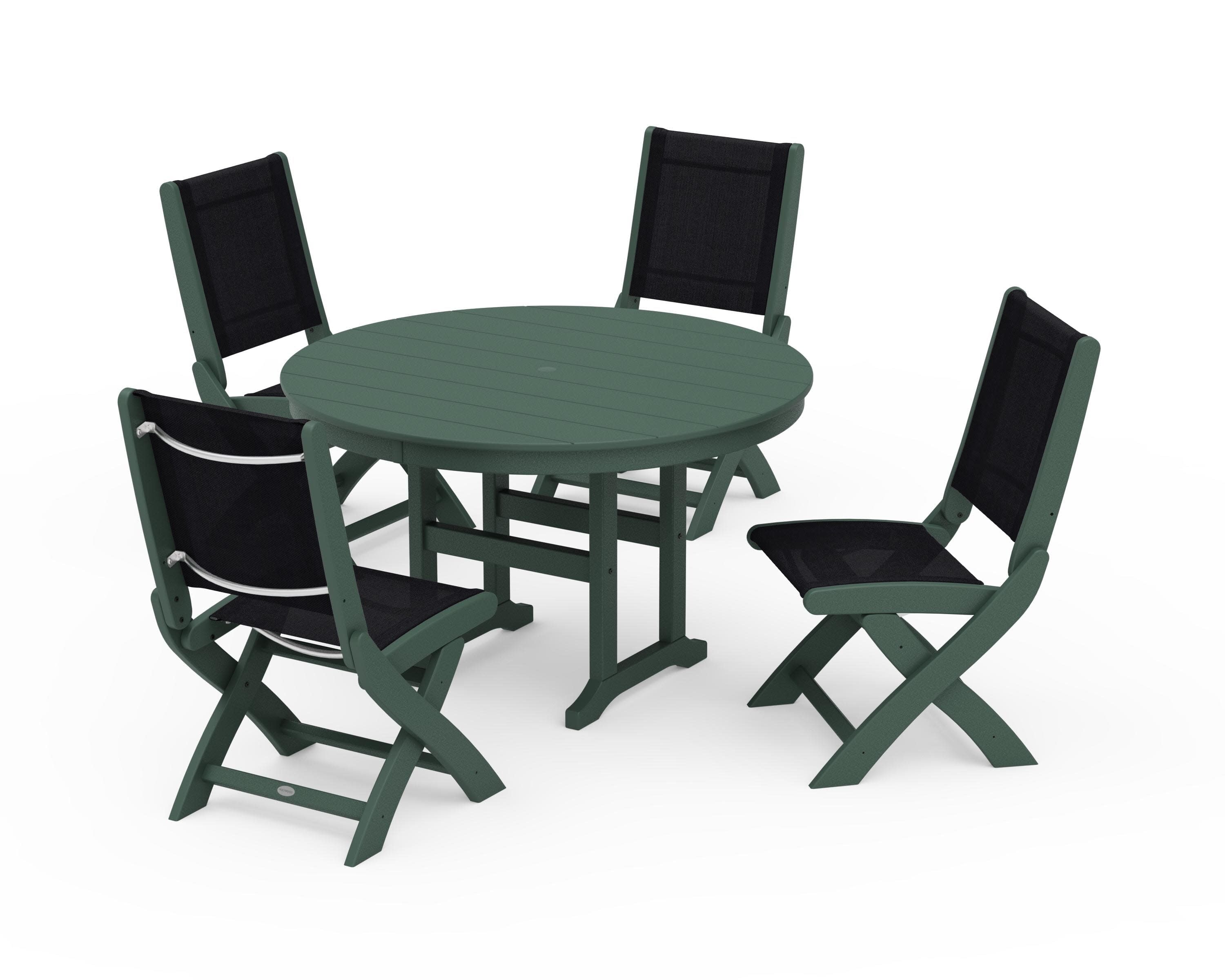 Coastal Folding Side Chair 5-Piece Round Dining Set in Green / Black Sling