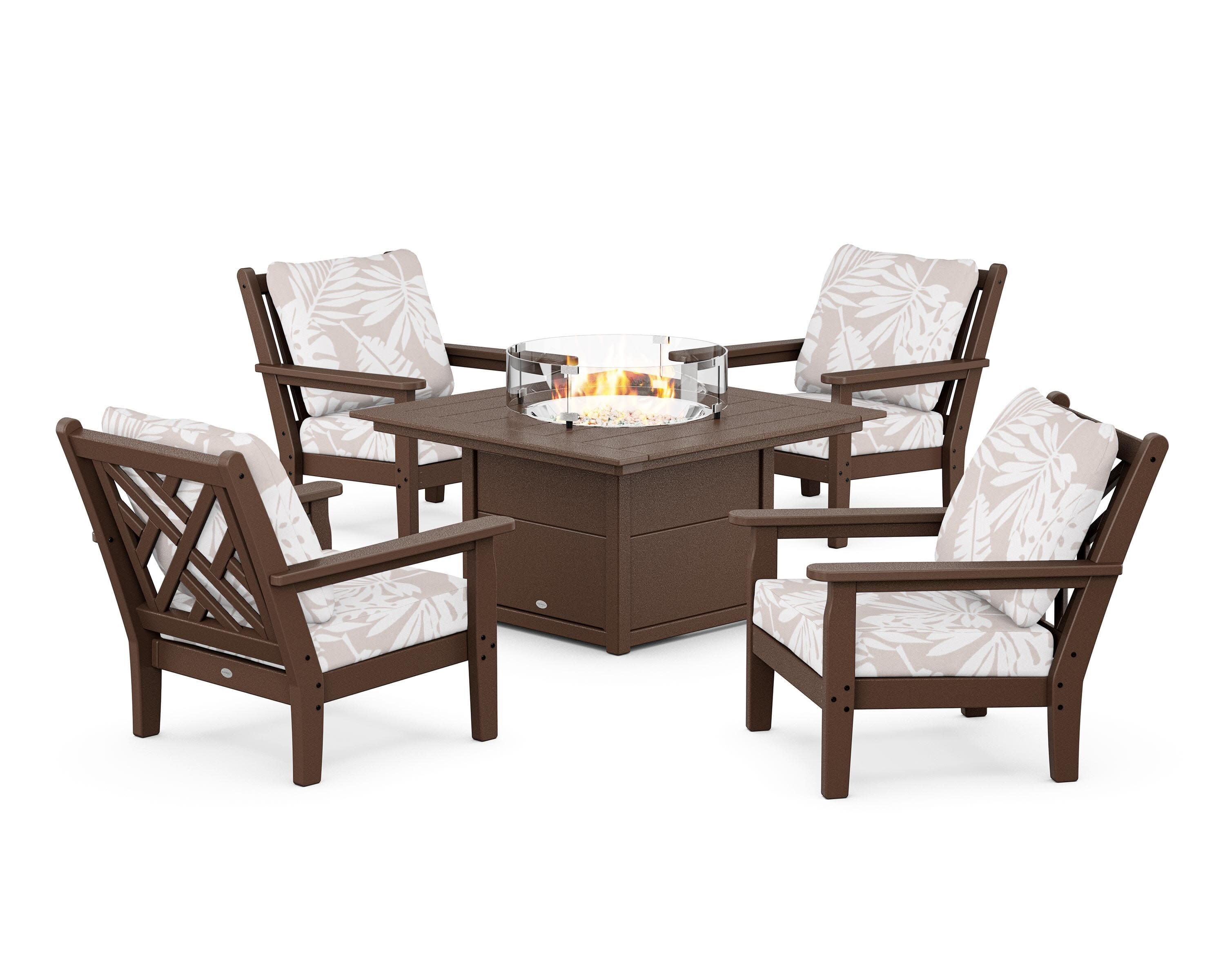 Chippendale 5-Piece Deep Seating Set with Fire Pit Table in Mahogany / Leaf Dune Burlap