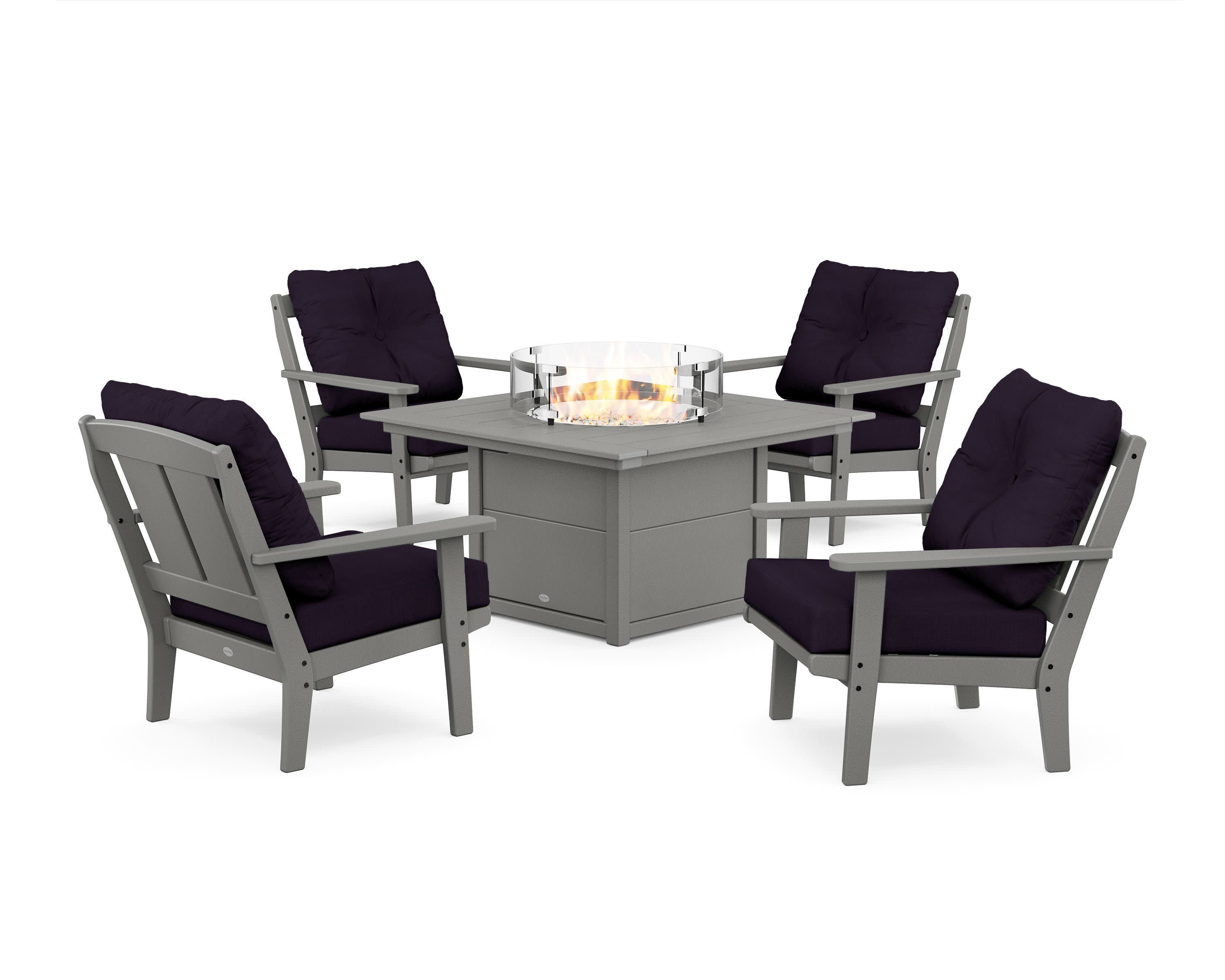 Mission 5-Piece Deep Seating Set with Fire Pit Table in Slate Grey / Navy Linen