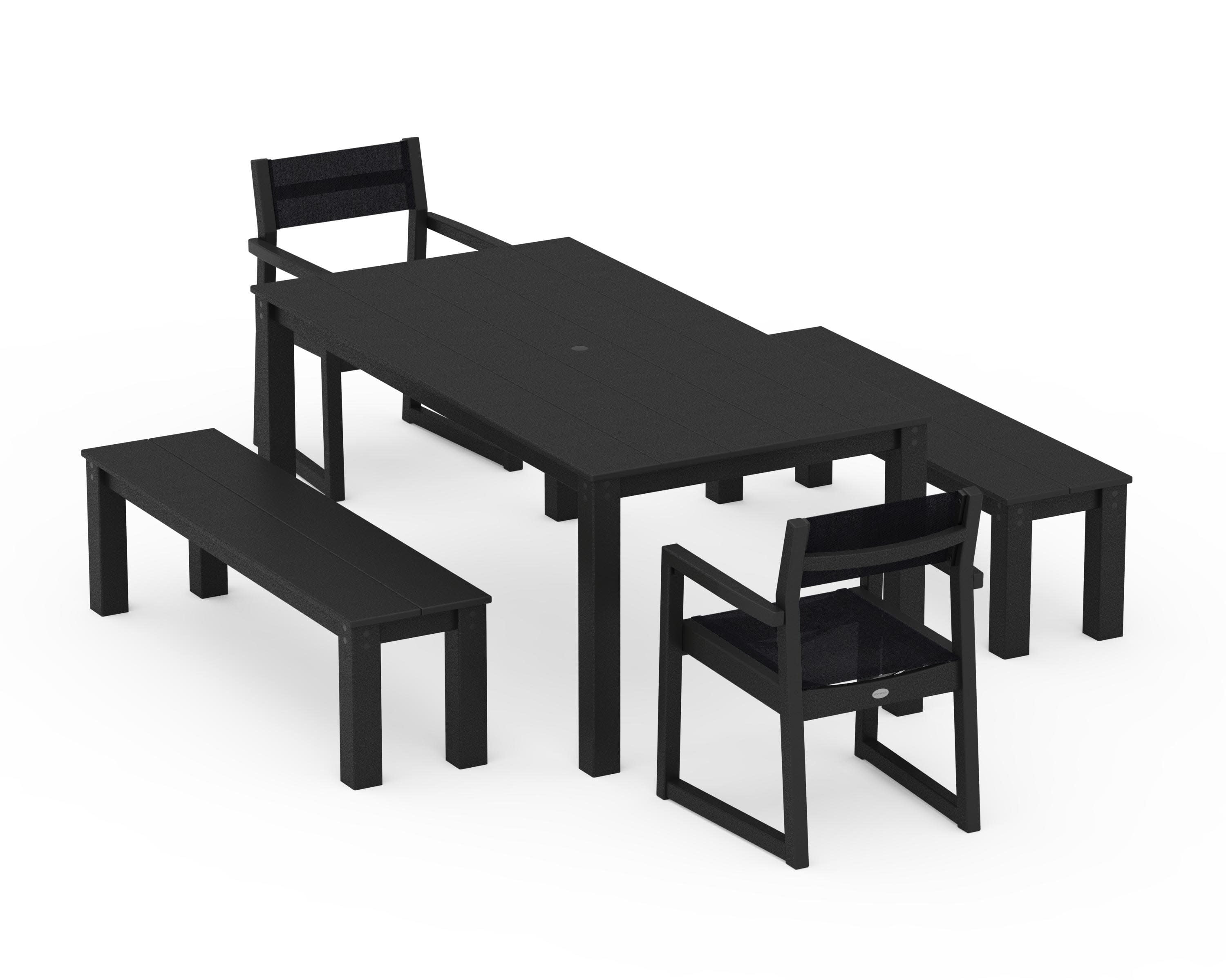 EDGE Sling Arm Chair 5-Piece Parsons Dining Set with Benches in Black / Black Sling