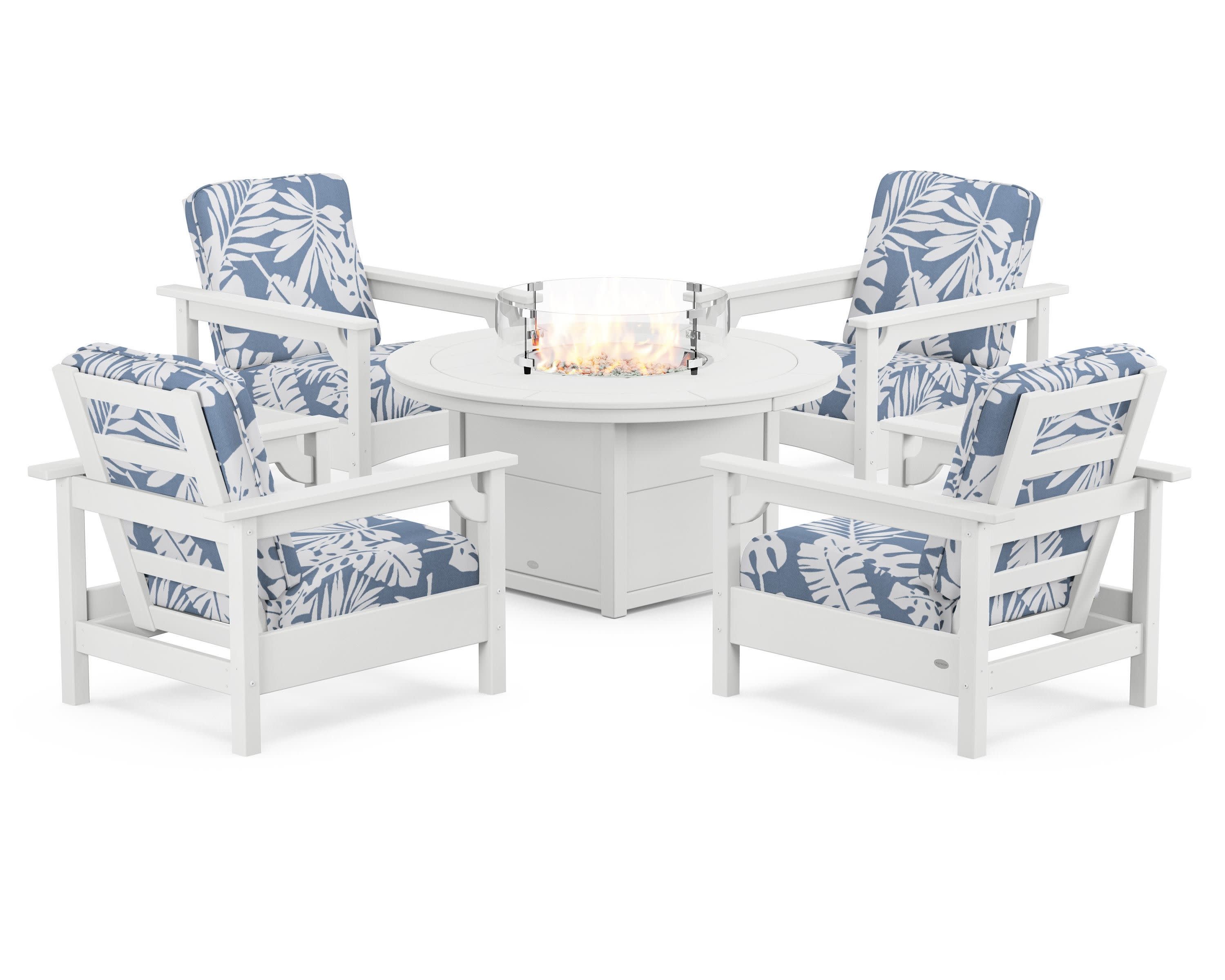 Club 5-Piece Conversation Set with Fire Pit Table in White / Leaf Sky Blue