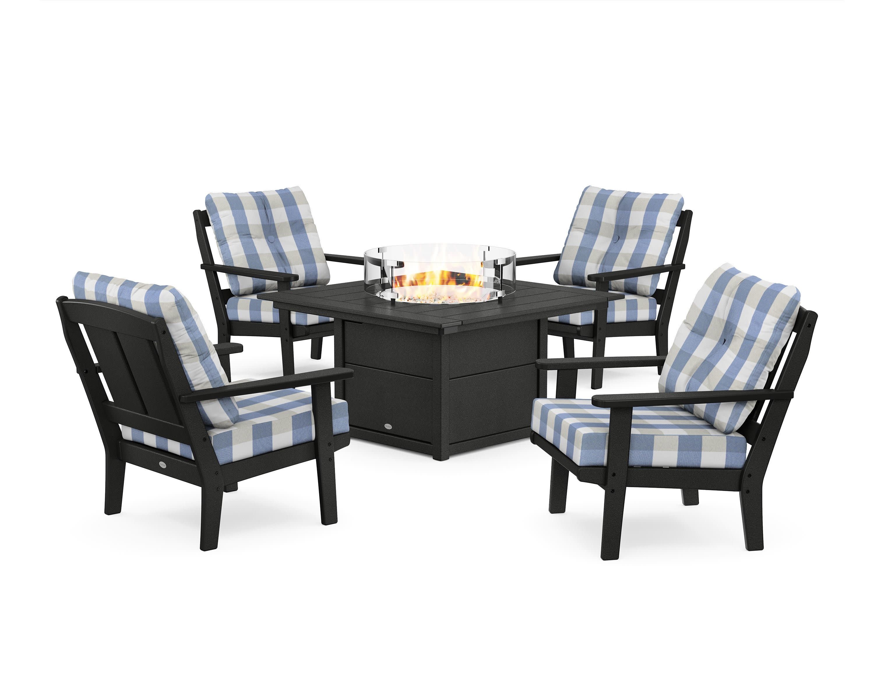 Mission 5-Piece Deep Seating Set with Fire Pit Table in Black / Buffalo Plaid Sky Blue