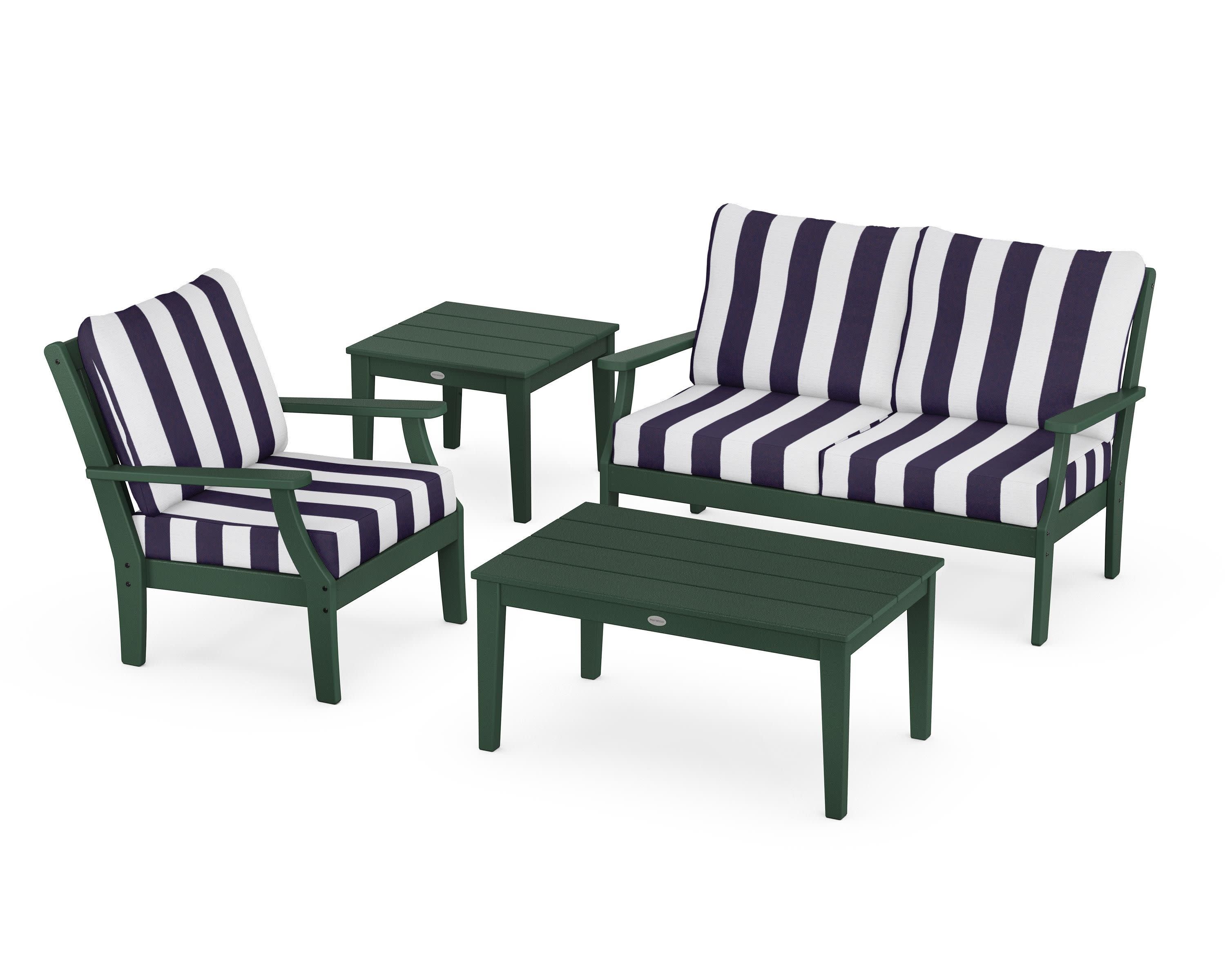 Braxton 4-Piece Deep Seating Set in Green / Cabana Stripe Navy