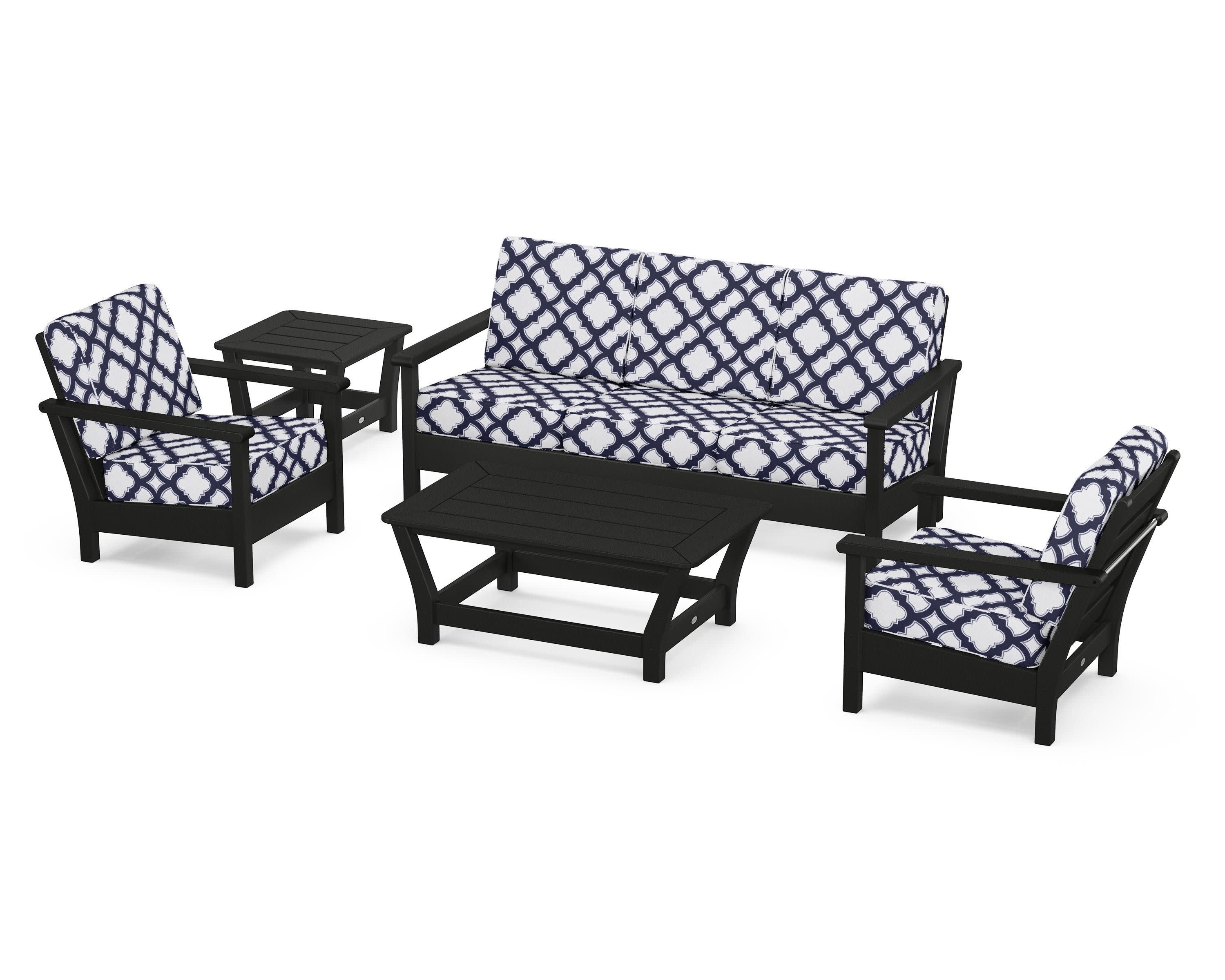 Harbour 5-Piece Deep Seating Set in Black / Trellis Navy