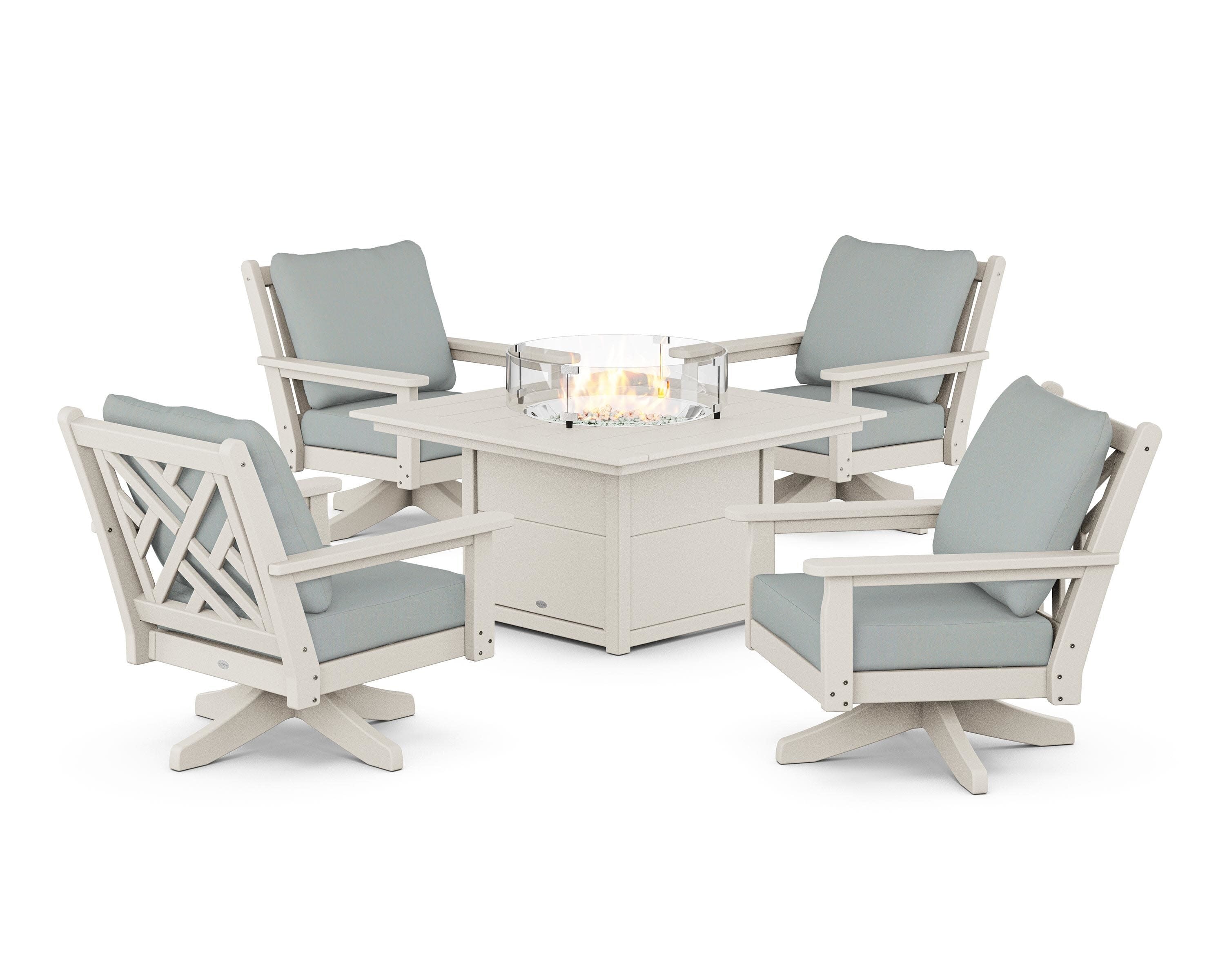 Chippendale 5-Piece Deep Seating Swivel Conversation Set with Fire Pit Table in Sand / Spa