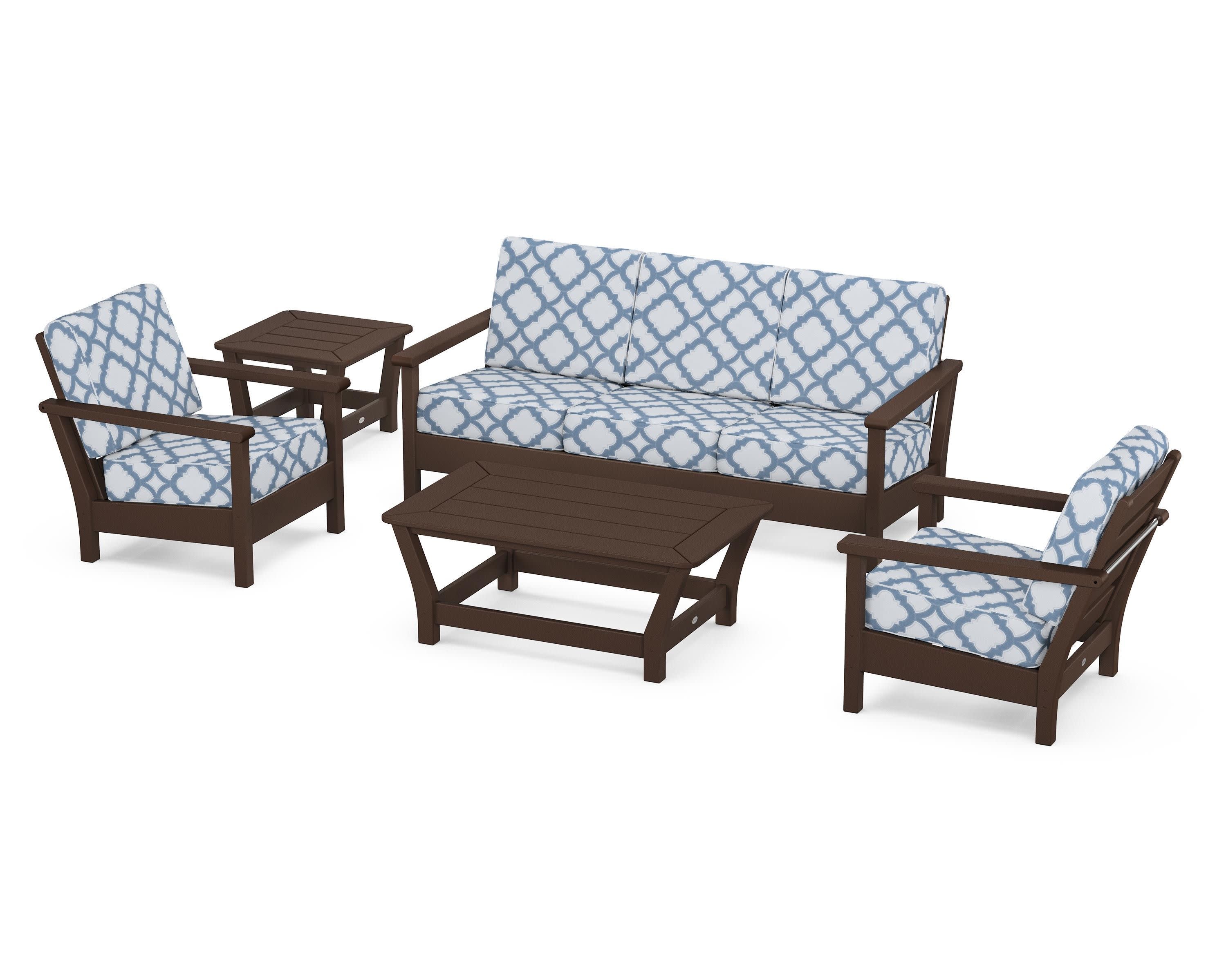 Harbour 5-Piece Deep Seating Set in Mahogany / Trellis Sky Blue