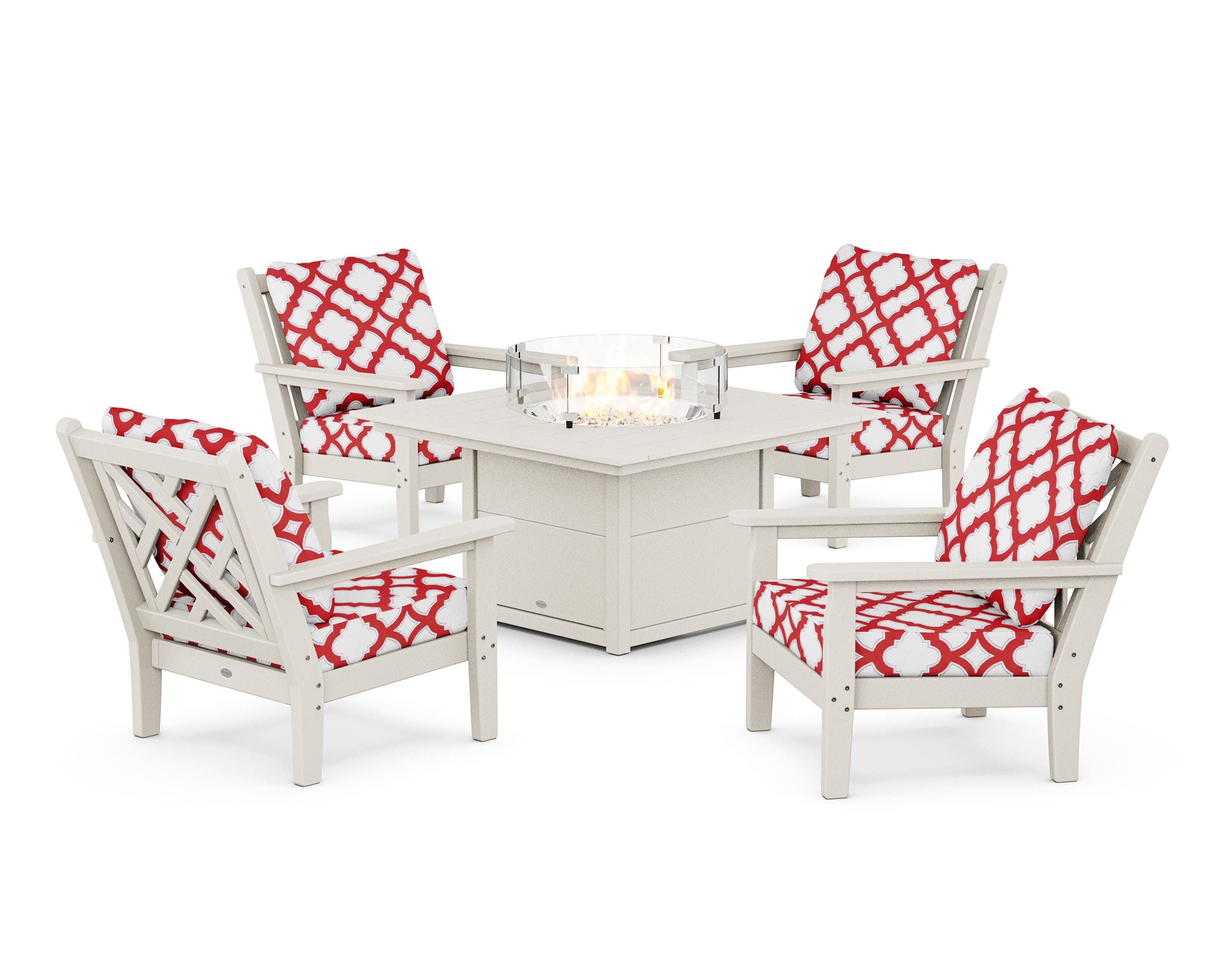 Chippendale 5-Piece Deep Seating Set with Fire Pit Table in Sand / Trellis Crimson