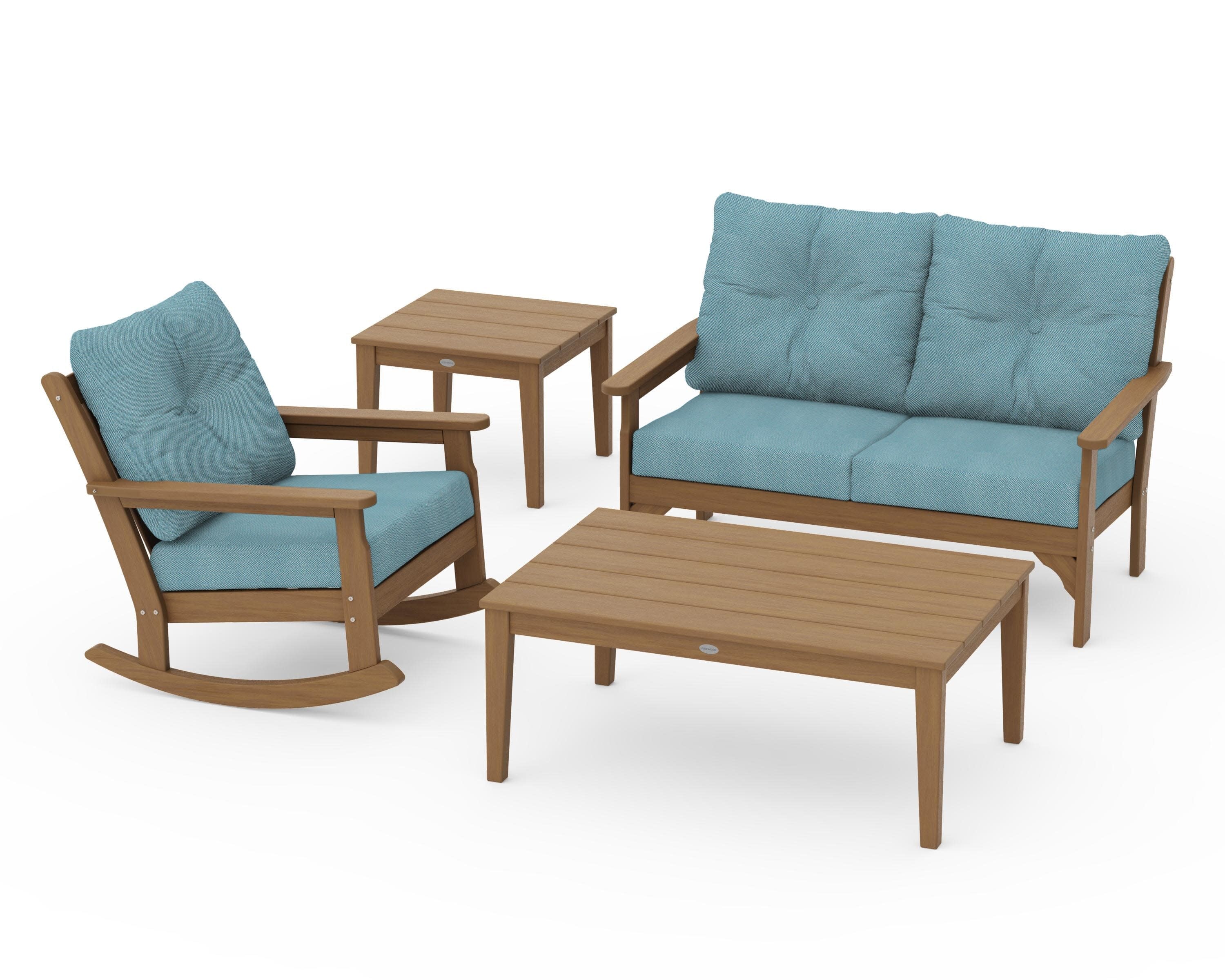 Vineyard 4-Piece Deep Seating Rocker Set in Natural / Lattice Sky Blue