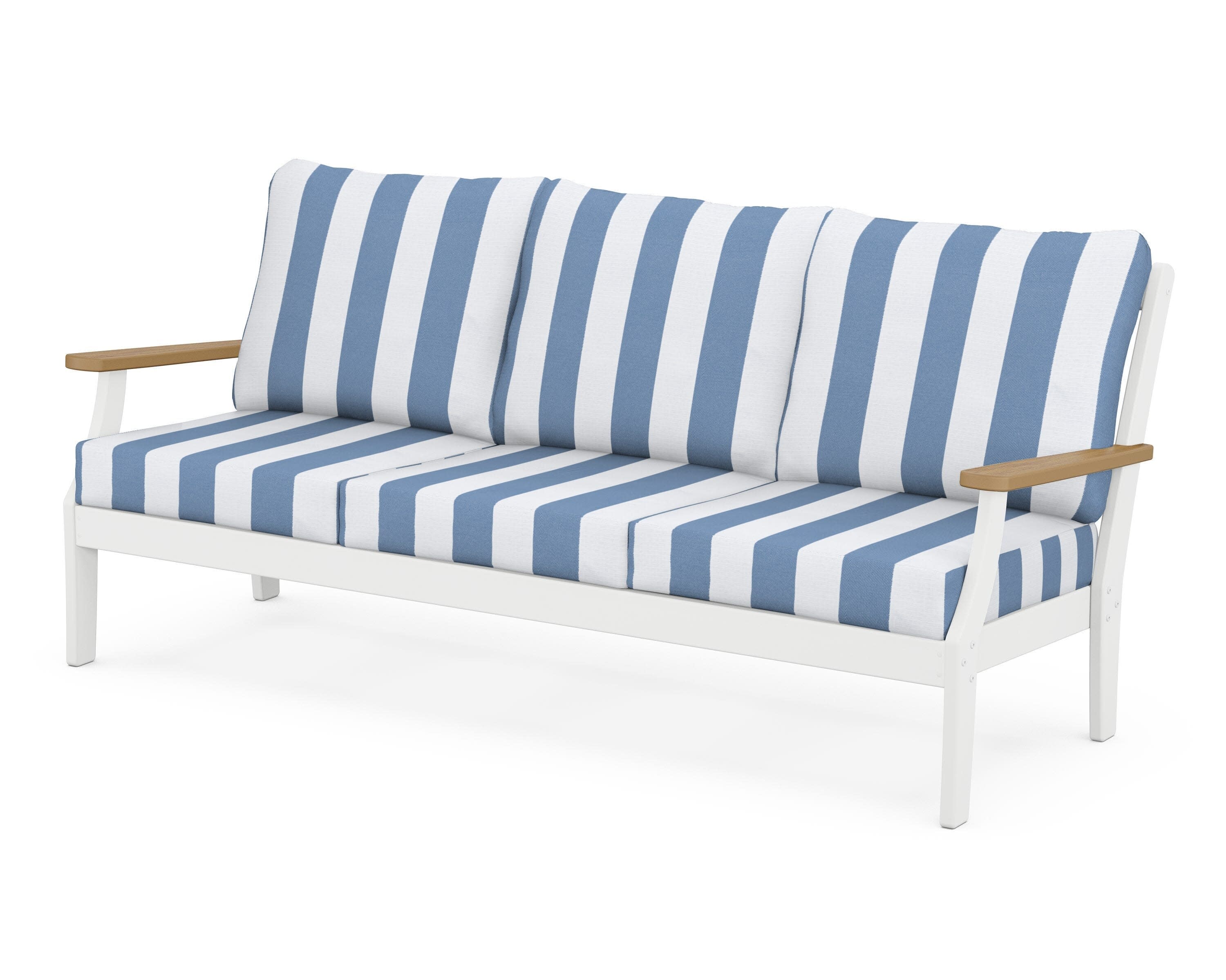 Braxton Deep Seating Sofa in White / Natural / Cabana Stripe Sky Blue