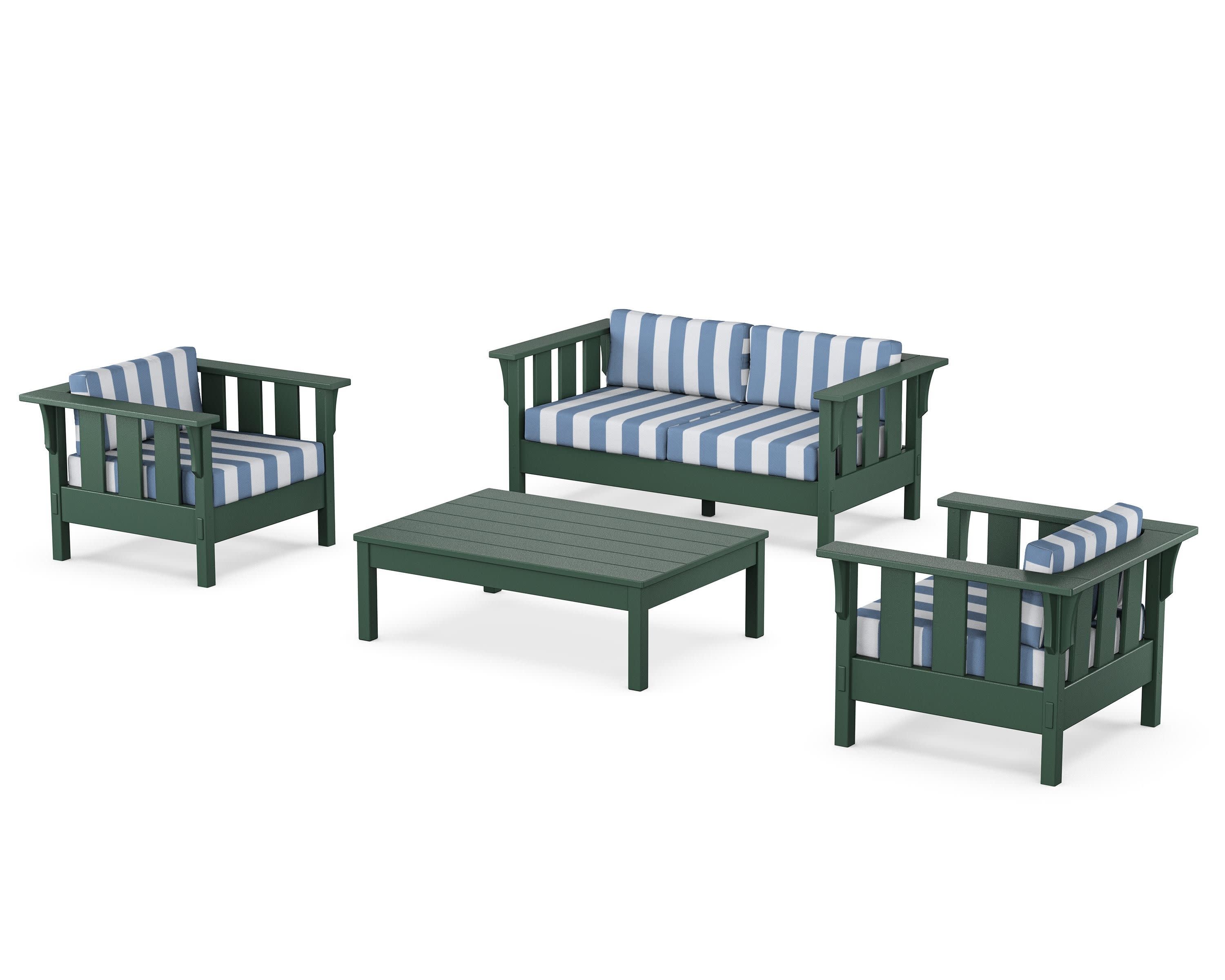 Acadia 4-Piece Deep Seating Set with Loveseat in Green / Cabana Stripe Sky Blue