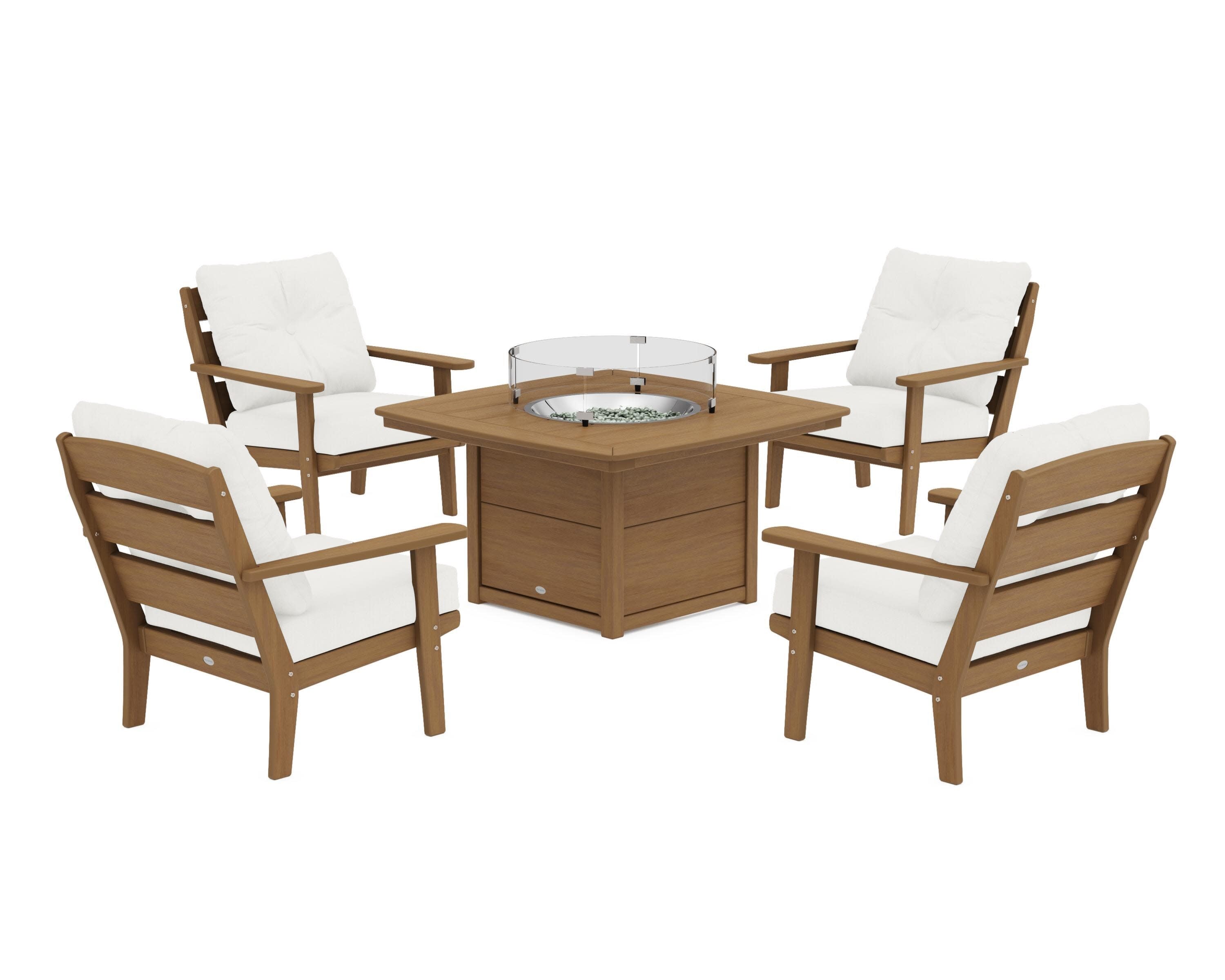 Lakeside 5-Piece Deep Seating Set with Nautical Fire Pit Table in Natural / Natural Linen