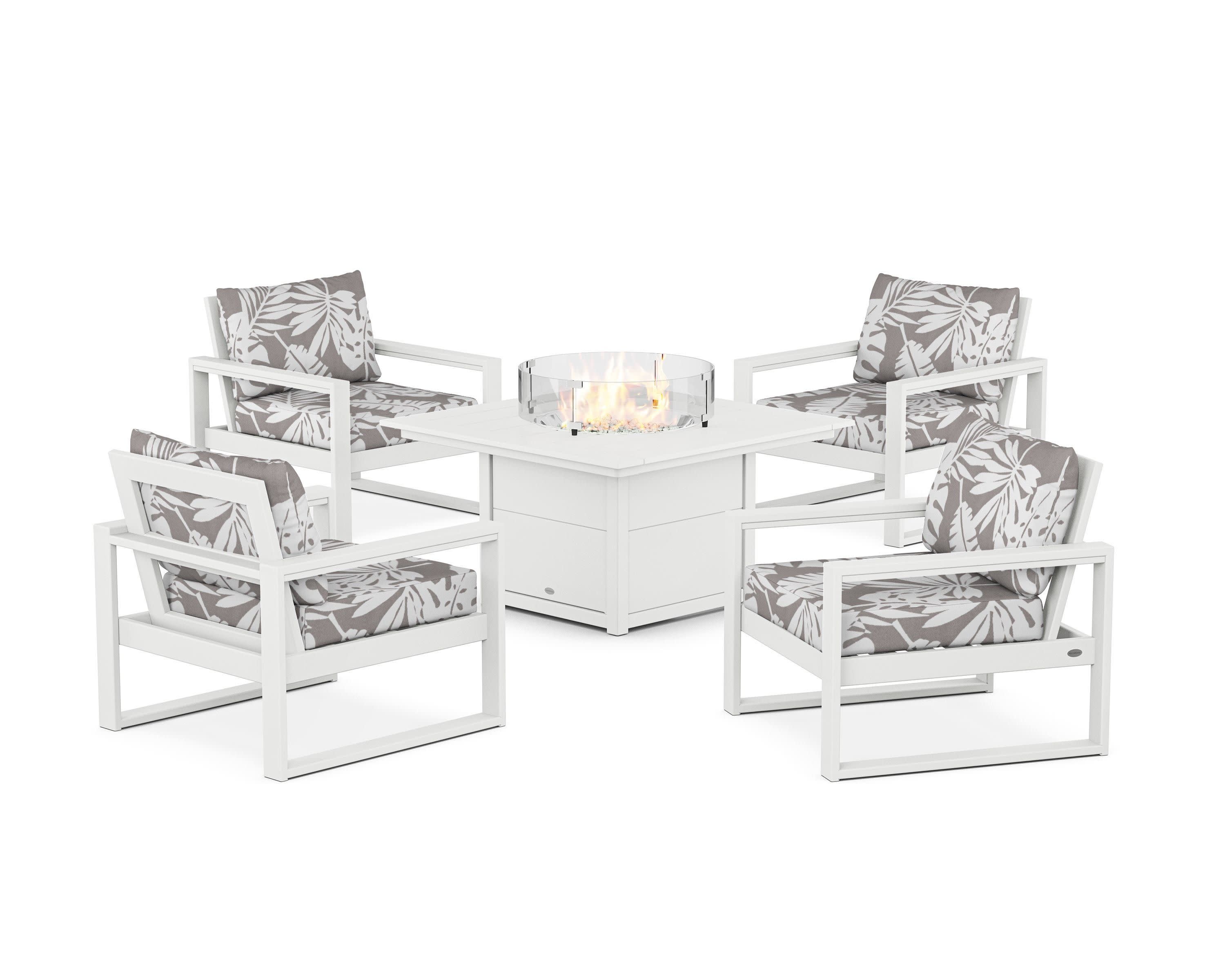 EDGE Sectional 5-Piece Deep Seating Set with Fire Pit Table in White / Leaf Grey Mist