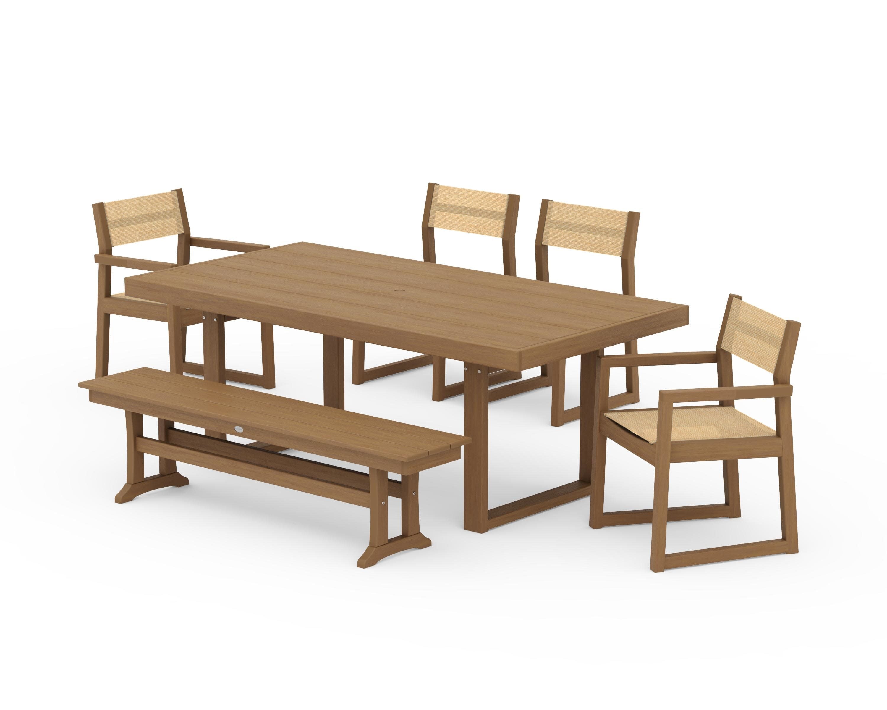 EDGE Sling 6-Piece Dining Set with Bench in Natural / Dupioni Apricot Sling
