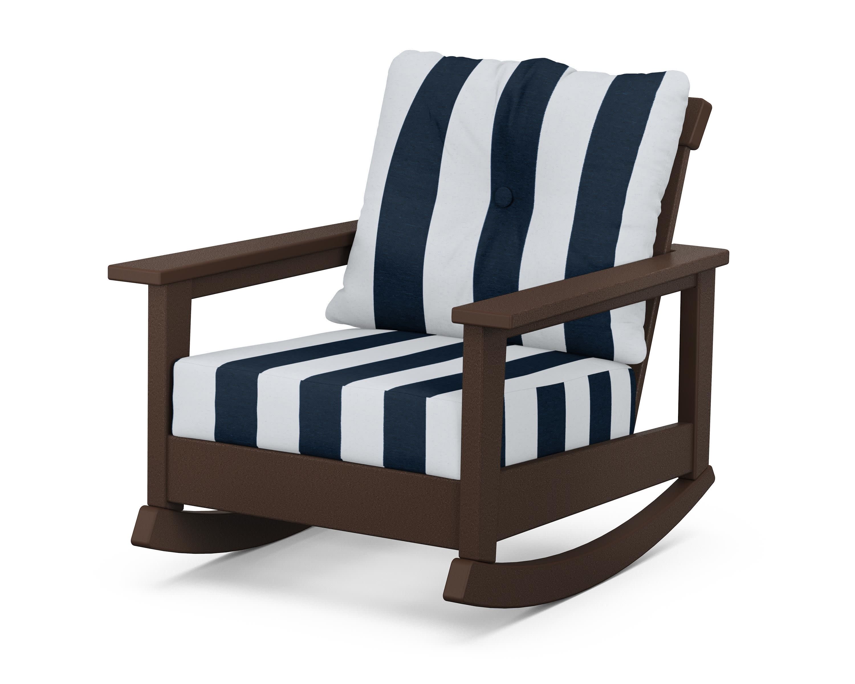 Prescott Deep Seating Rocking Chair in Mahogany / Cabana Stripe Marine Indigo