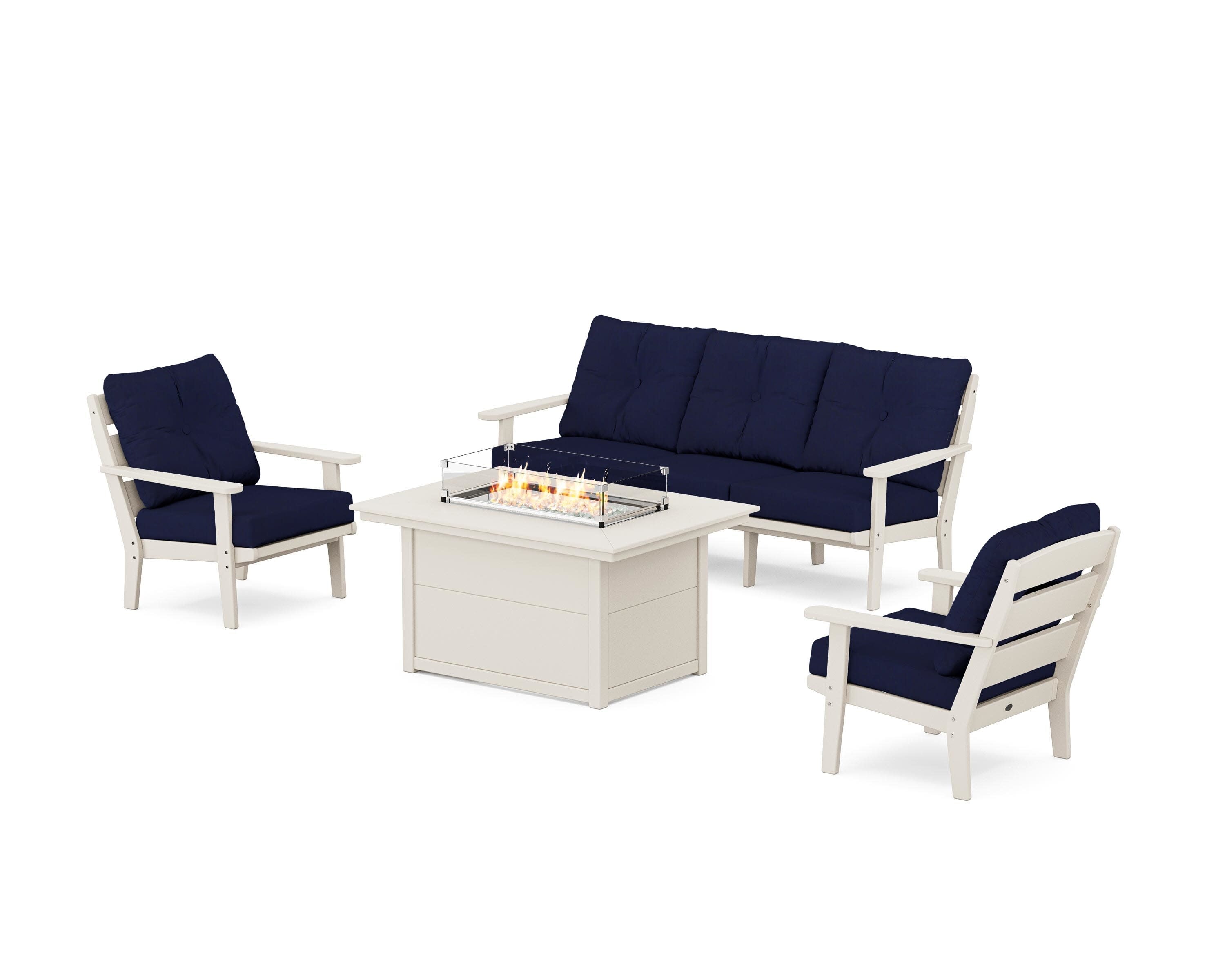 Lakeside Deep Seating Fire Pit Table Set in Sand / Navy