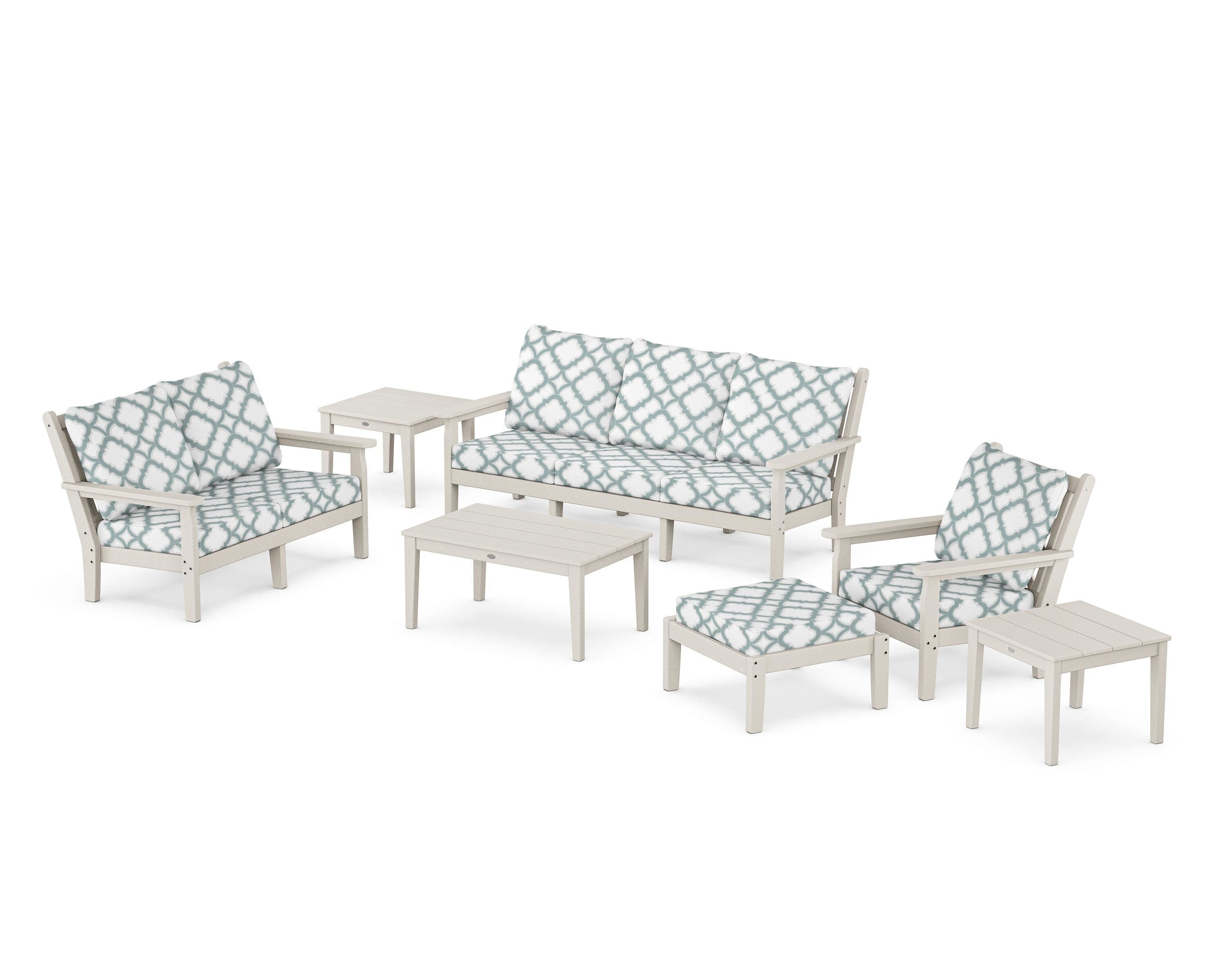 Chippendale 7-Piece Deep Seating Set in Sand / Trellis Glacier Spa