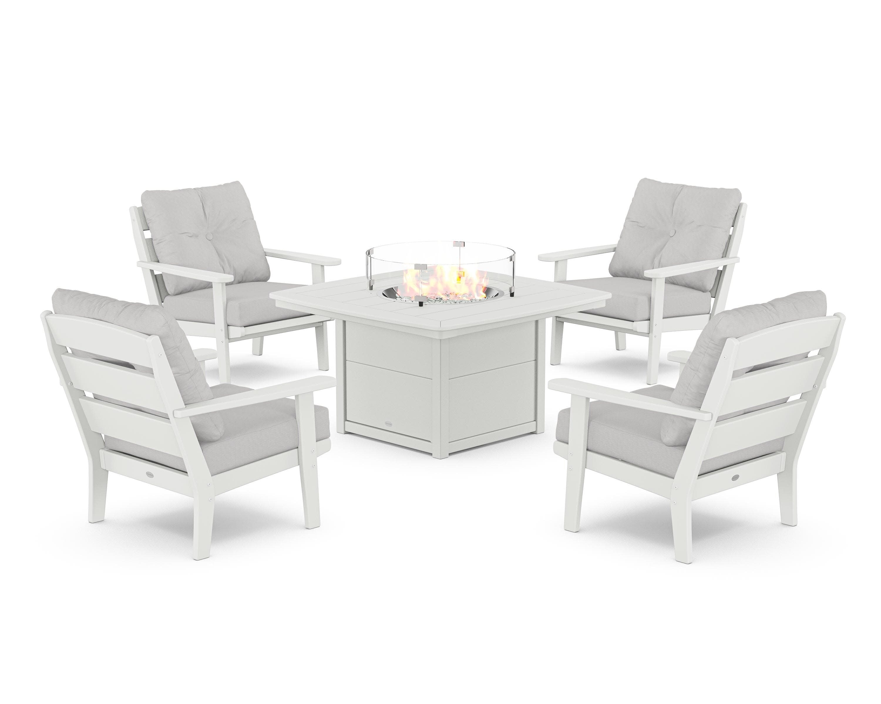 Lakeside 5-Piece Deep Seating Set with Nautical Fire Pit Table in White / Diamond in the Rough