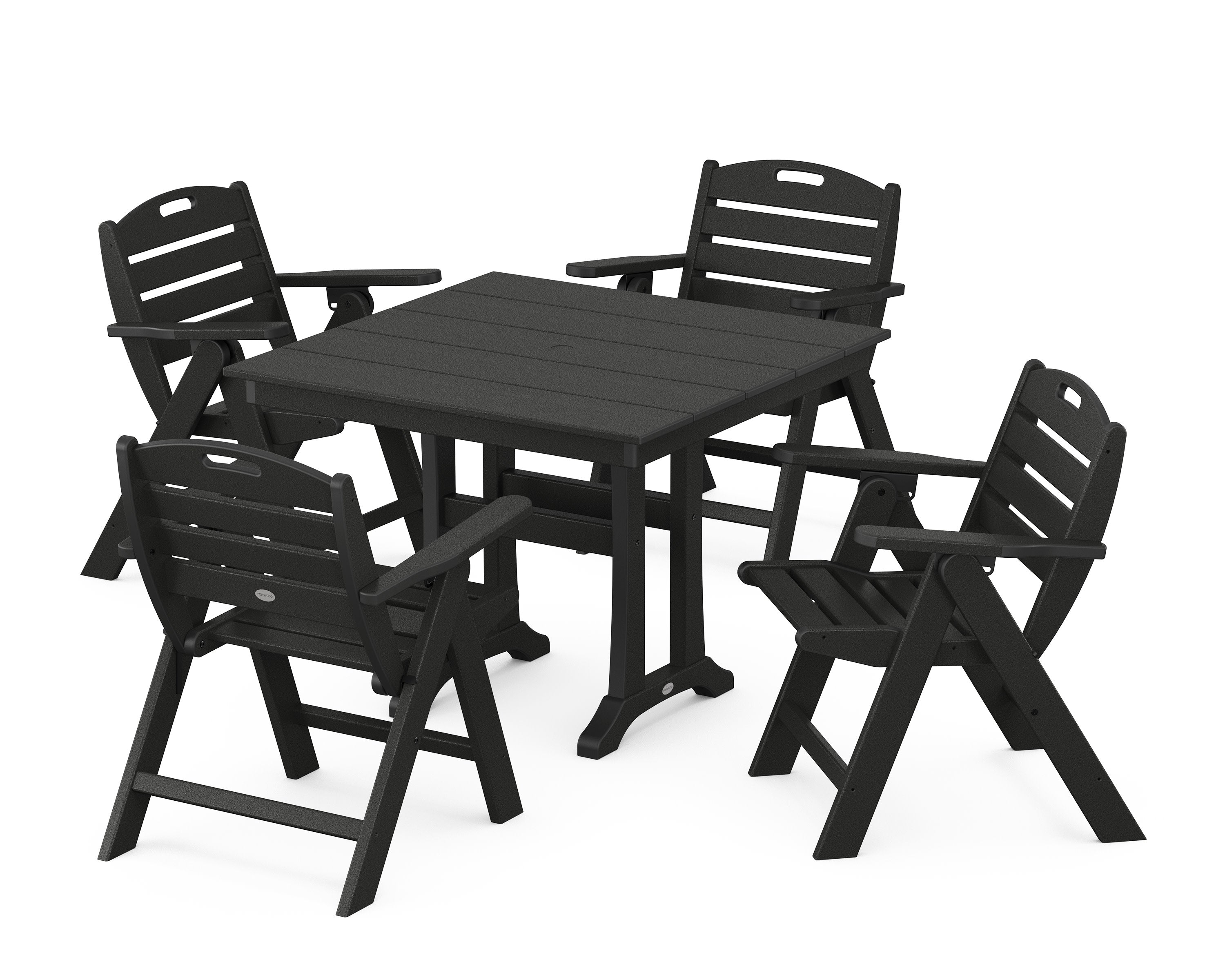 Nautical Folding Lowback Chair 5-Piece Farmhouse Dining Set With Trestle Legs in Black