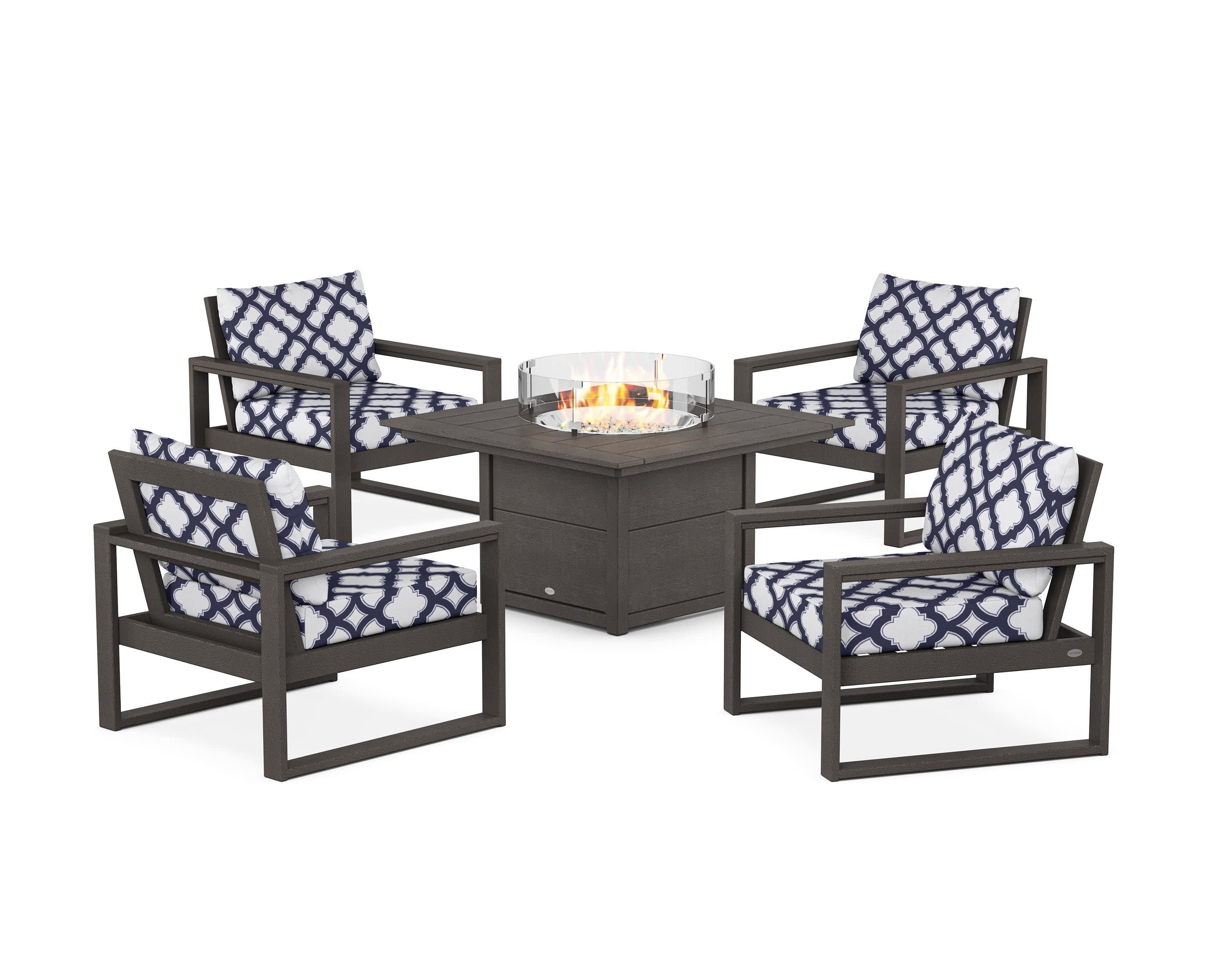 EDGE Sectional 5-Piece Deep Seating Set with Fire Pit Table in Vintage Coffee / Trellis Navy